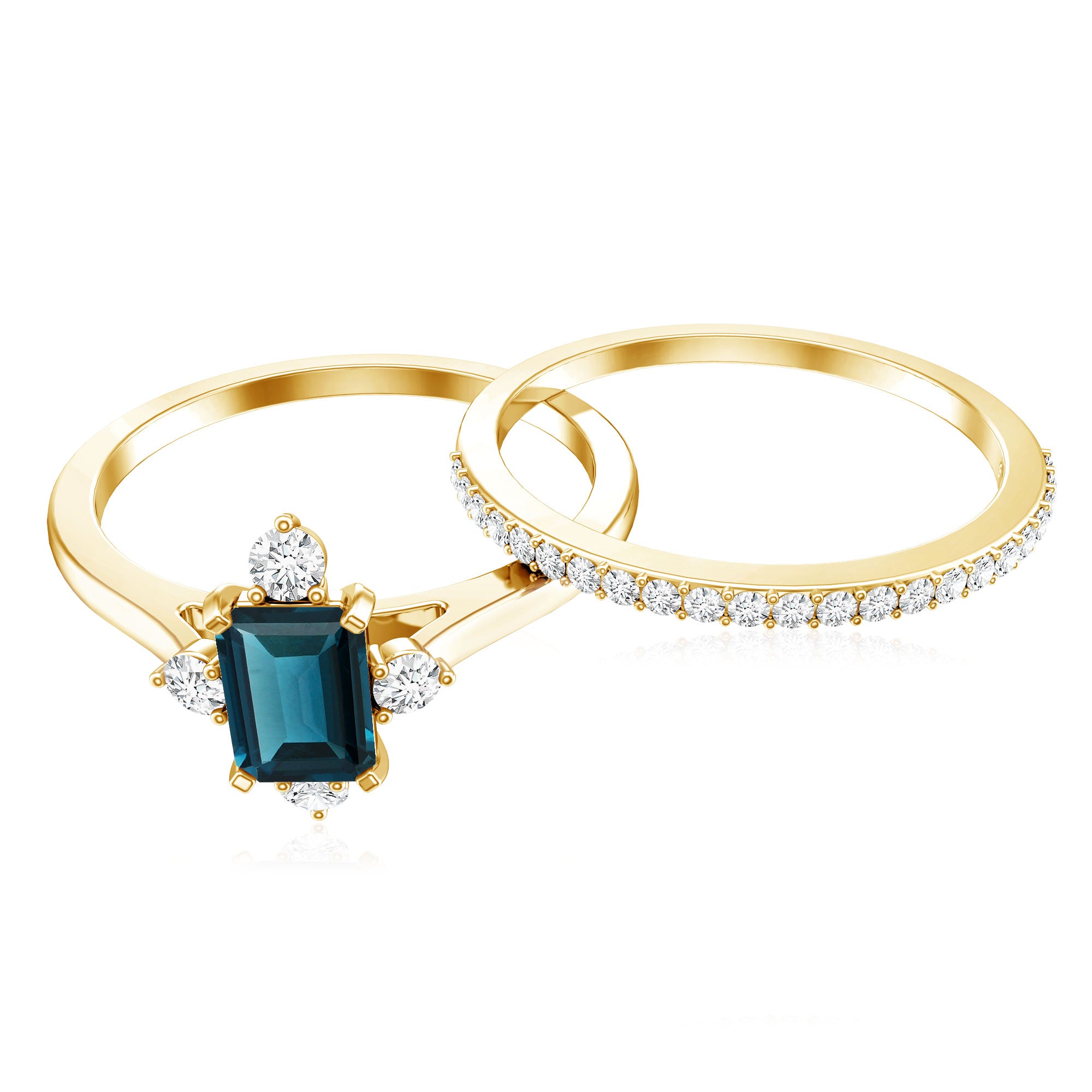 4X6mm Emerald Cut London Blue Topaz Wedding Ring Set with Diamond Band AAA - Rosec Jewels
