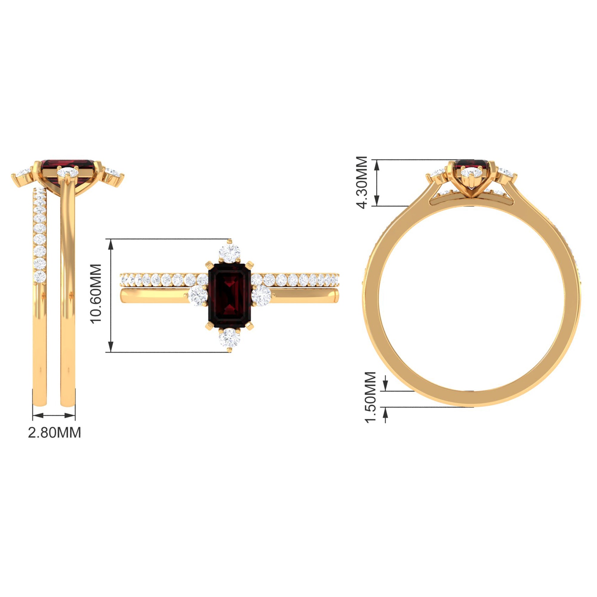 Natural Emerald Cut Garnet Diamond Wedding Bridal Ring Set of 2 AAA - Rosec Jewels