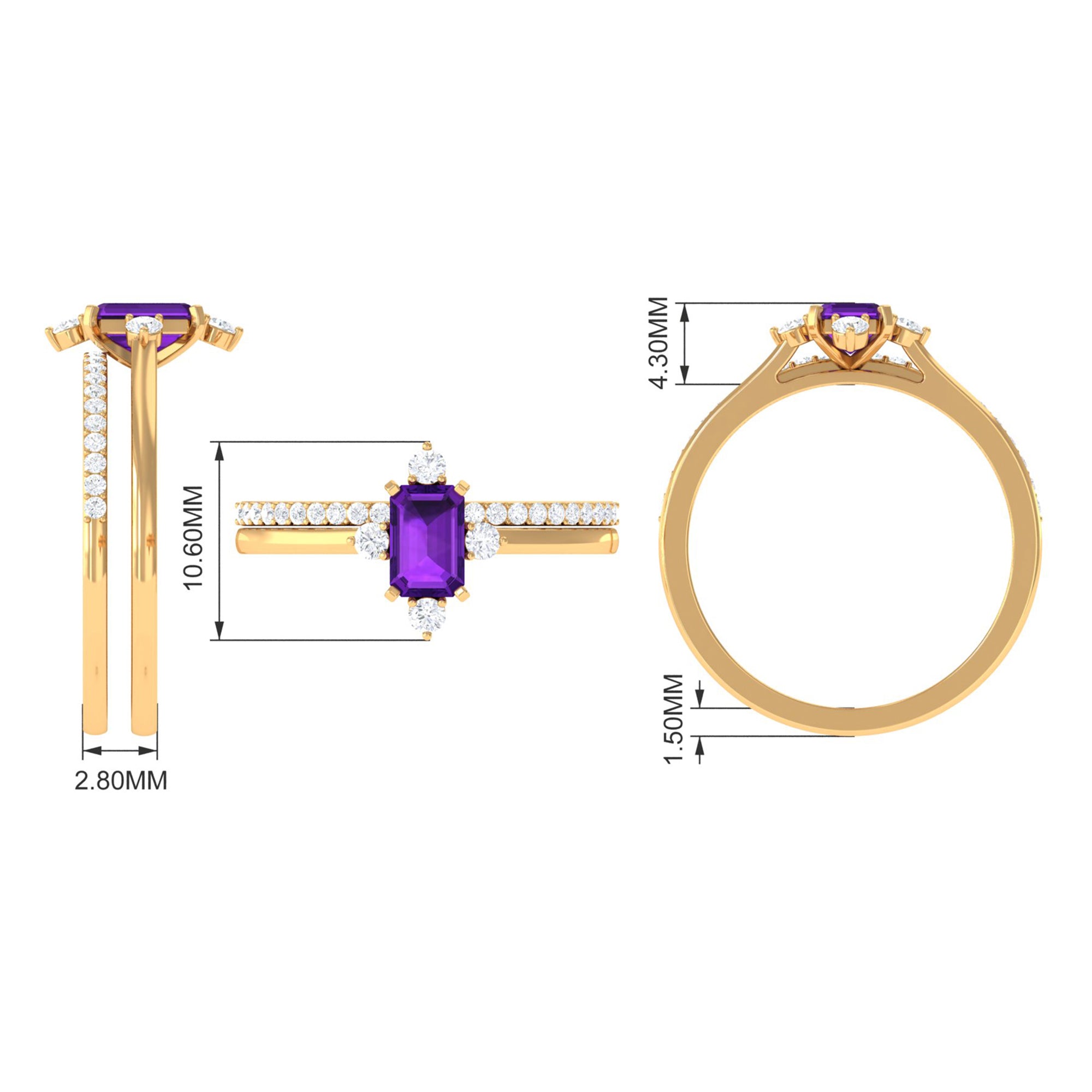 Real 1.4 Carat Amethyst Emerald Cut Engagement Wedding Ring Set with Diamond AAA - Rosec Jewels
