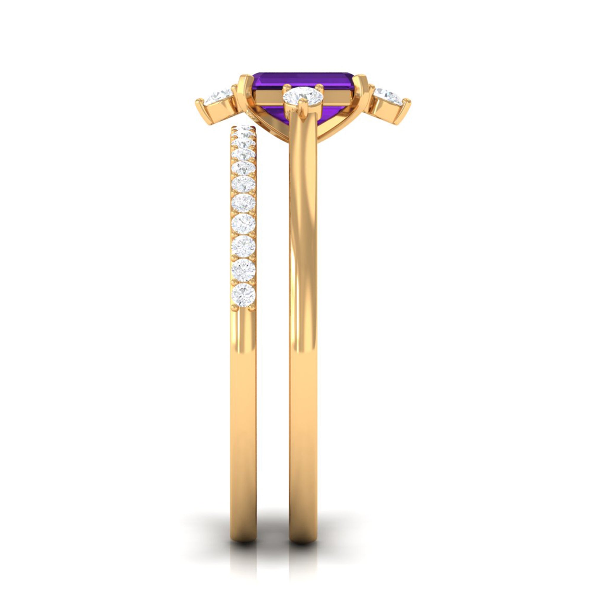 Real 1.4 Carat Amethyst Emerald Cut Engagement Wedding Ring Set with Diamond AAA - Rosec Jewels