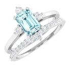 Emerald Cut Genuine Aquamarine and Diamond Designer Engagement Ring Set AAA - Rosec Jewels