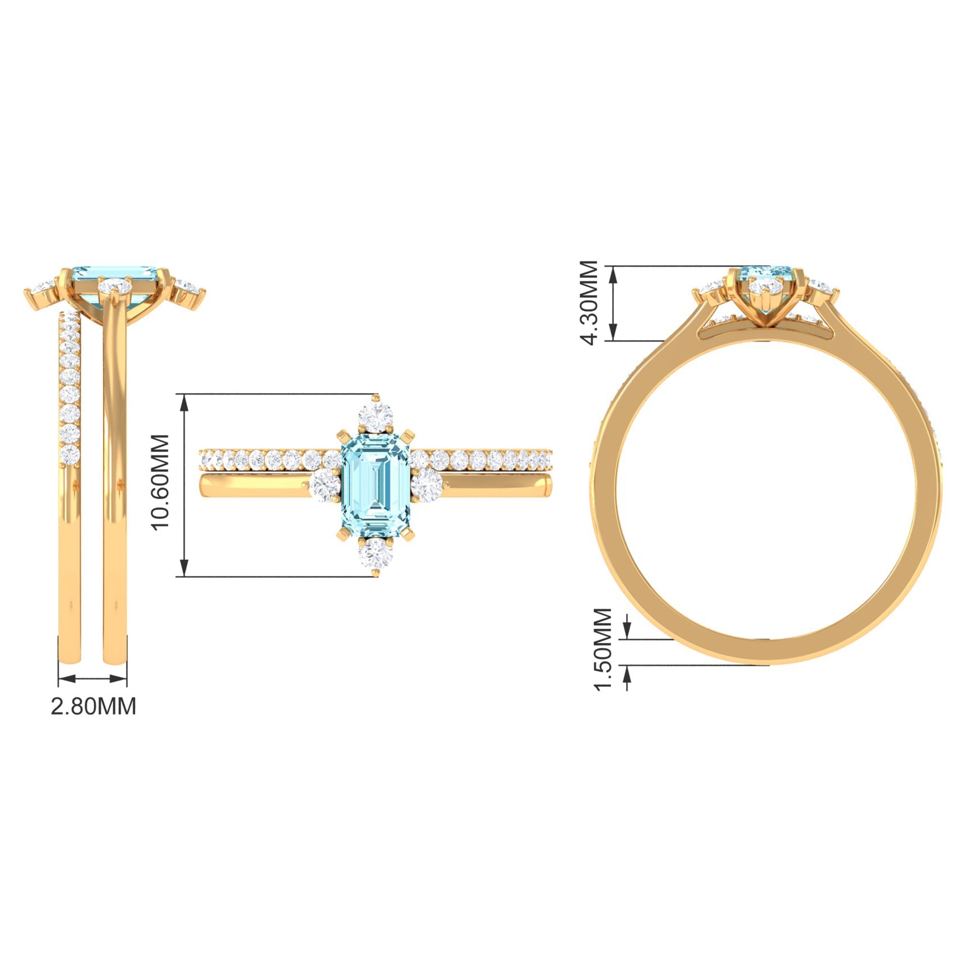 Emerald Cut Genuine Aquamarine and Diamond Designer Engagement Ring Set AAA - Rosec Jewels