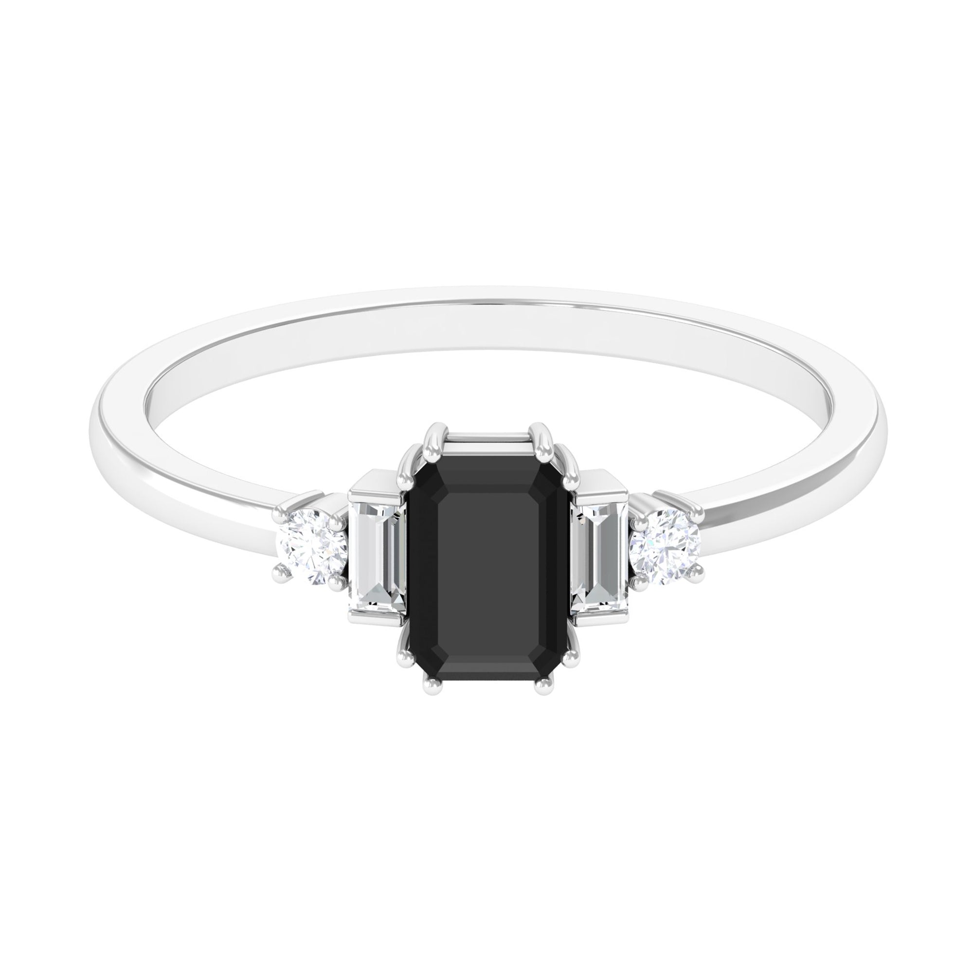 Octagon Black Onyx Solitaire Engagement Ring with Diamond Black Onyx - ( AAA ) - Quality - Rosec Jewels