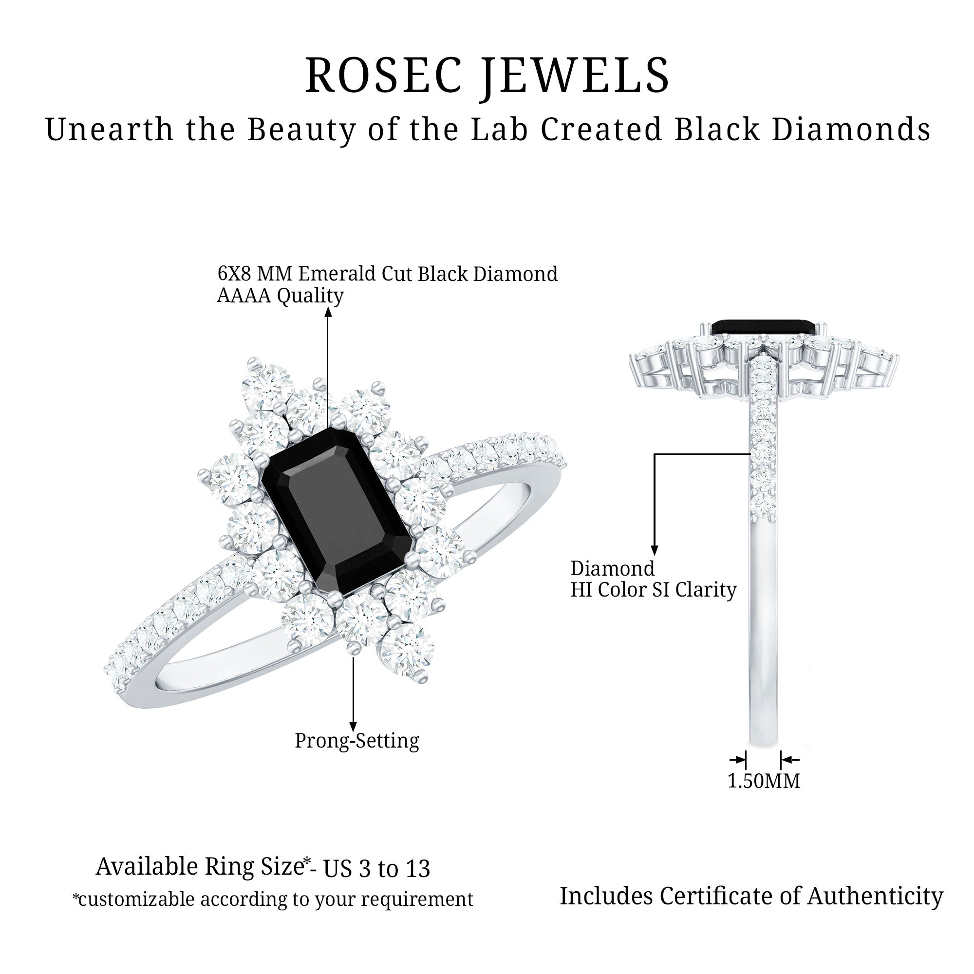 Vintage Style 1.6 Carat Lab Grown Black and White Diamond Emerald Cut Engagement Ring AAAA ( Synthetic ) - Rosec Jewels