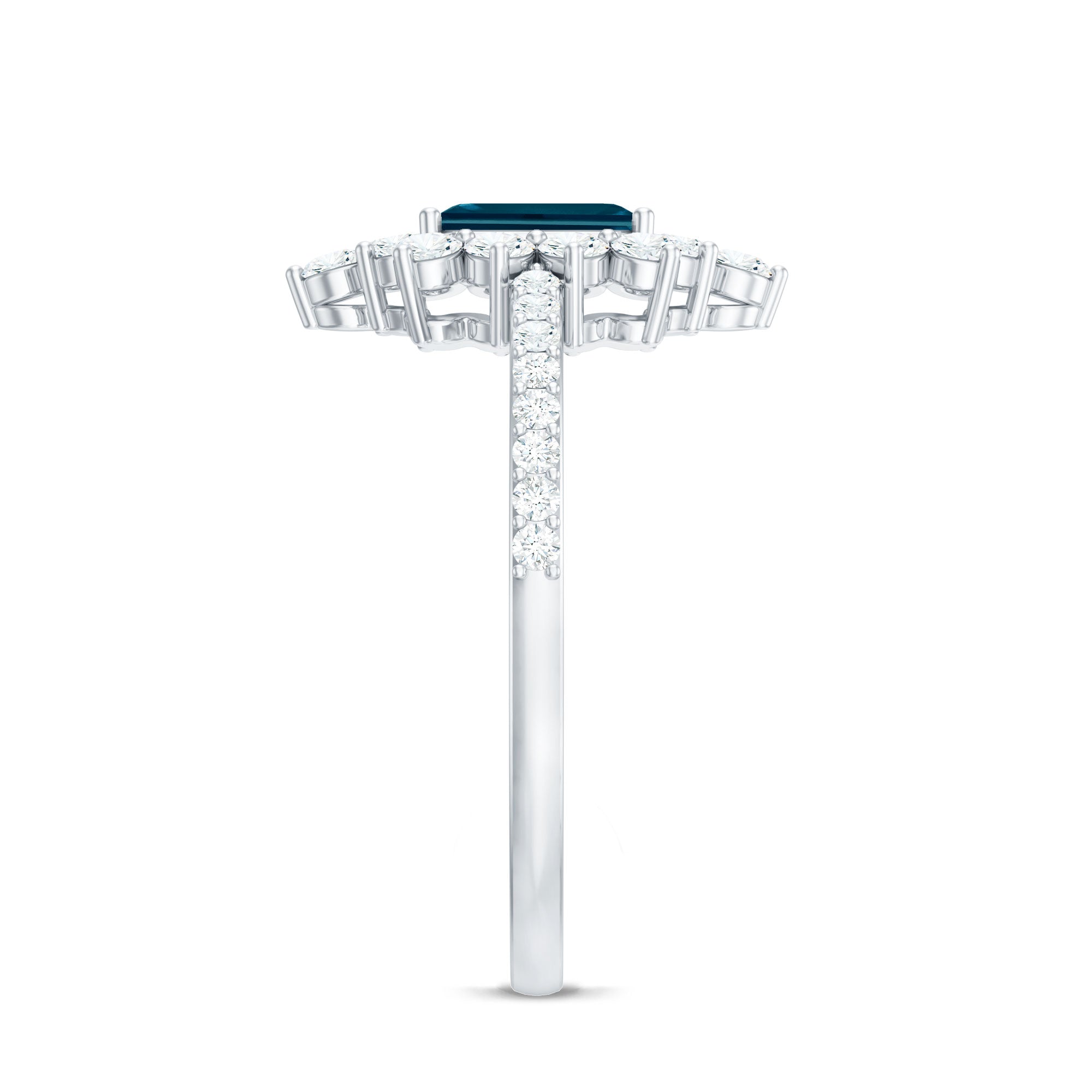 Rosec Jewels-4X6mm Emerald Cut London Blue Topaz Antique Looking Engagement Ring with Diamond Halo