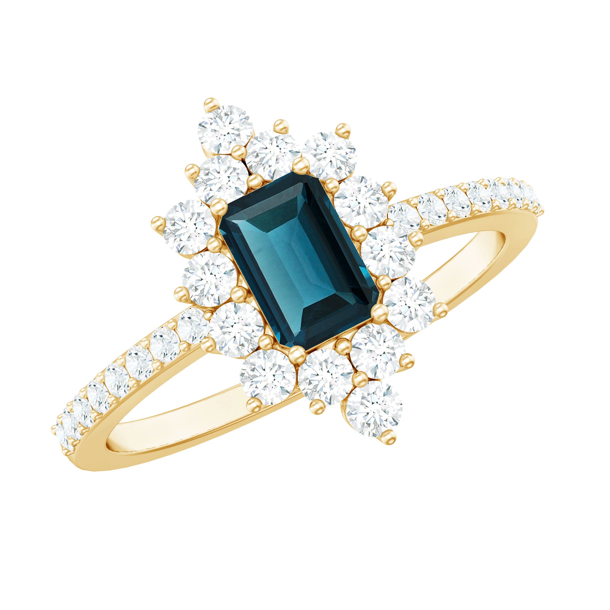 Rosec Jewels-4X6mm Emerald Cut London Blue Topaz Antique Looking Engagement Ring with Diamond Halo