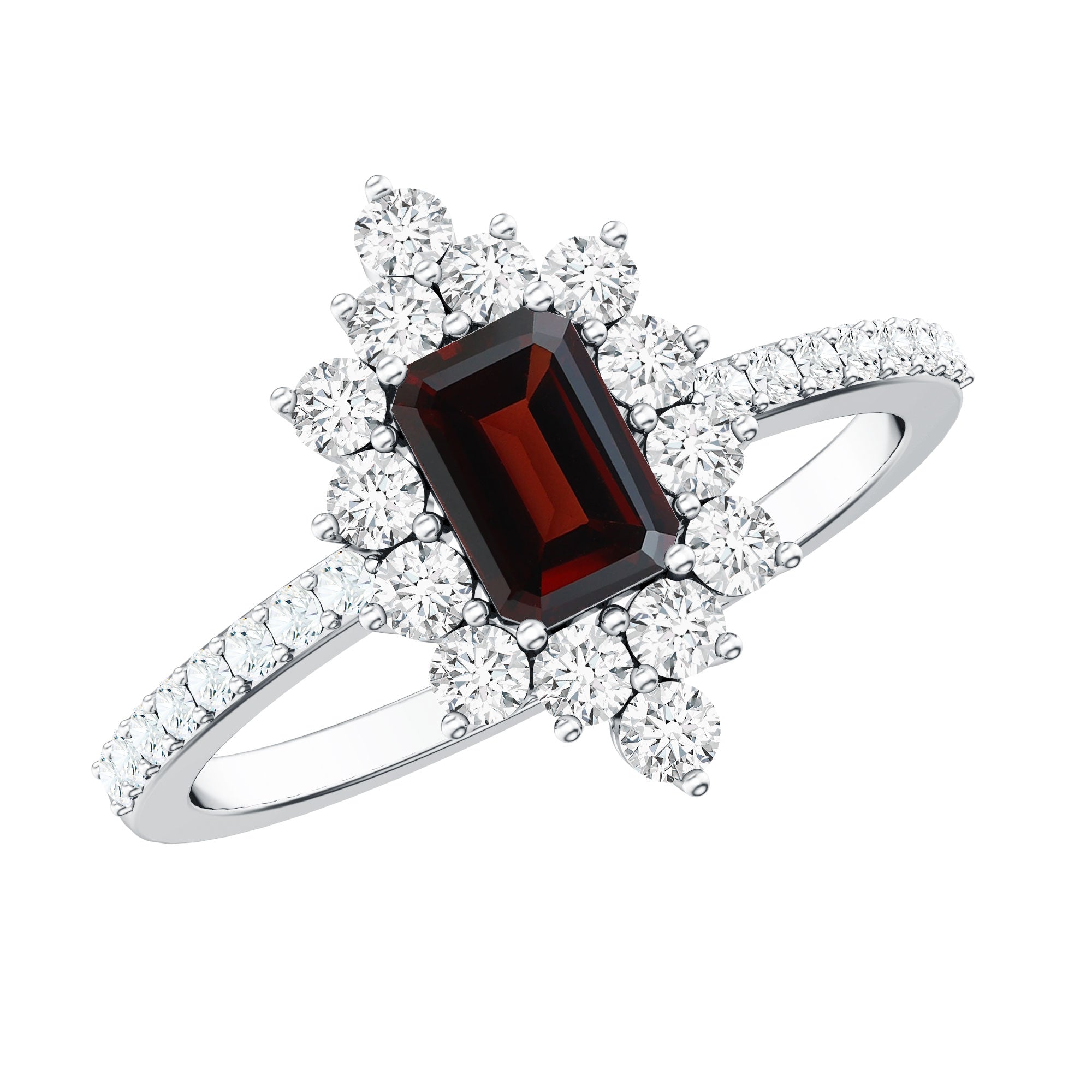 Vintage Inspired Garnet Emerald Cut Engagement Ring with Diamond Halo AAA - Rosec Jewels