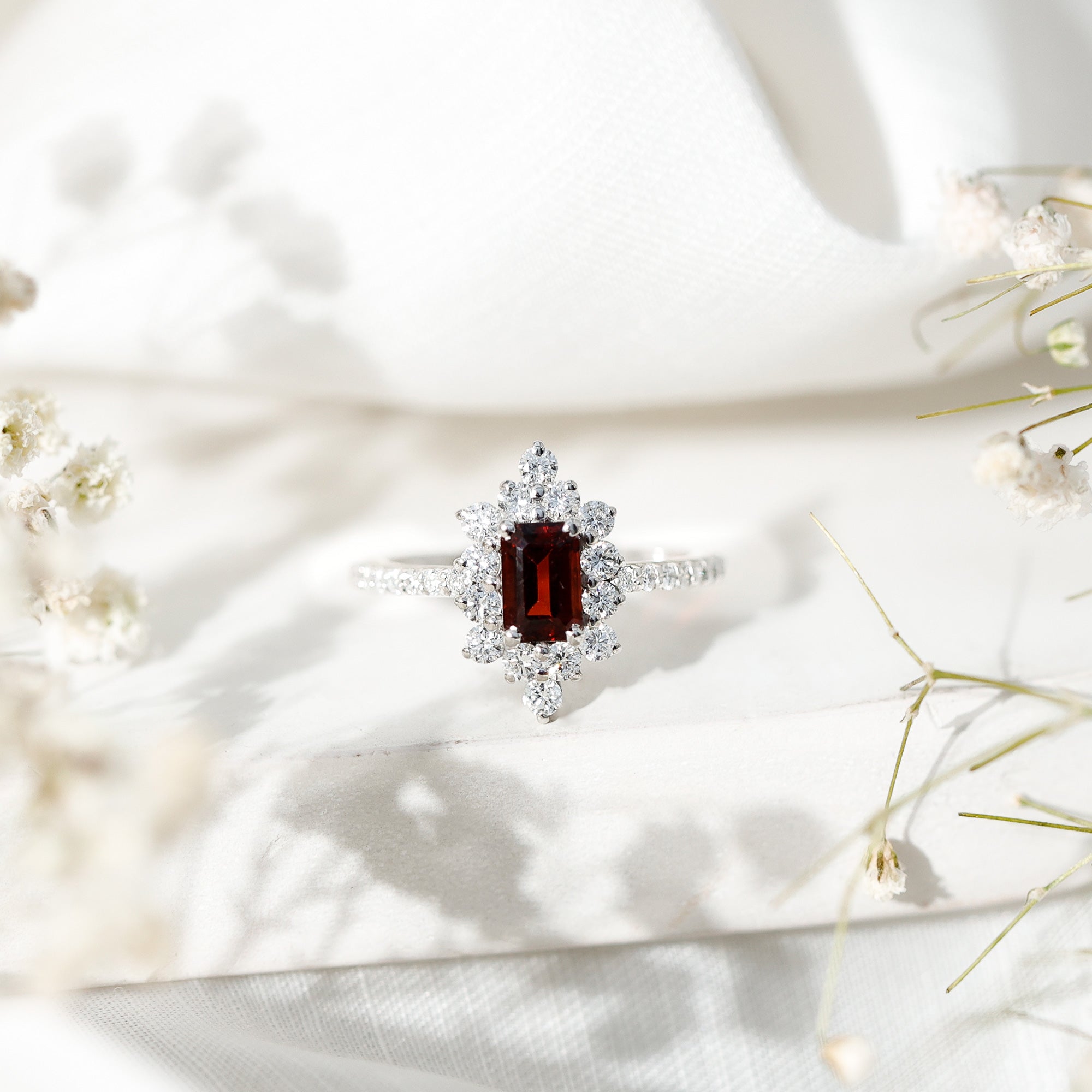 Vintage Inspired Garnet Emerald Cut Engagement Ring with Diamond Halo AAA - Rosec Jewels