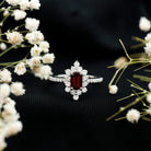 Vintage Inspired Garnet Emerald Cut Engagement Ring with Diamond Halo AAA - Rosec Jewels