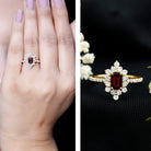 Vintage Inspired Garnet Emerald Cut Engagement Ring with Diamond Halo AAA - Rosec Jewels