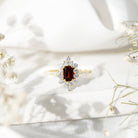 Vintage Inspired Garnet Emerald Cut Engagement Ring with Diamond Halo AAA - Rosec Jewels