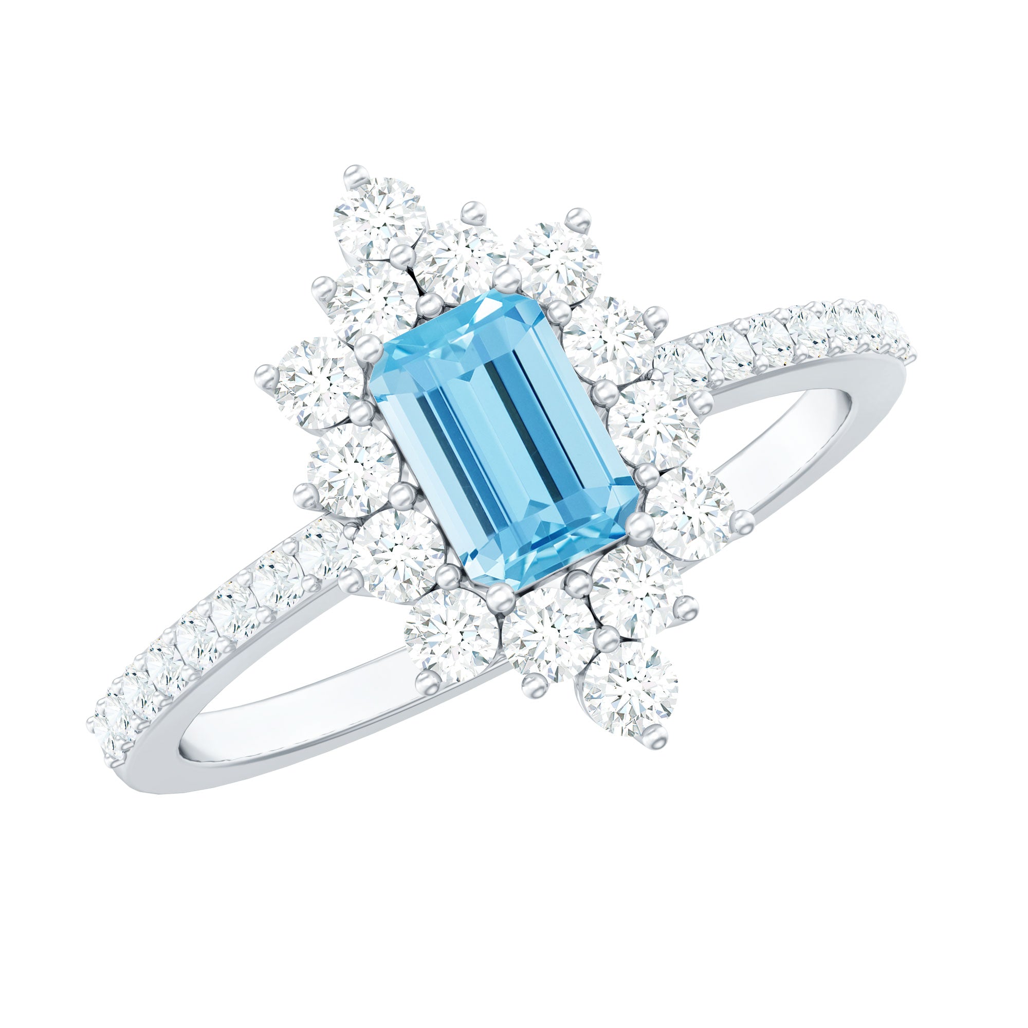 Vintage Looking Aquamarine and Diamond Halo Engagement Ring AAA - Rosec Jewels