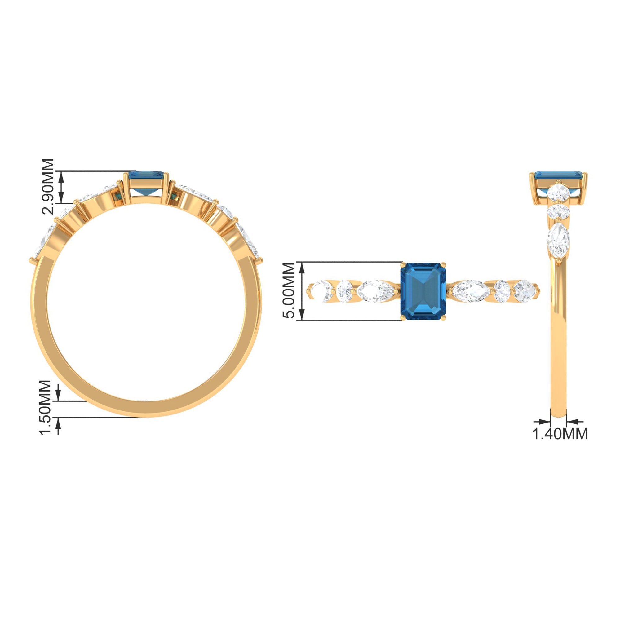 4X6mm Emerald Cut London Blue Topaz Solitaire Ring with Diamond AAA - Rosec Jewels