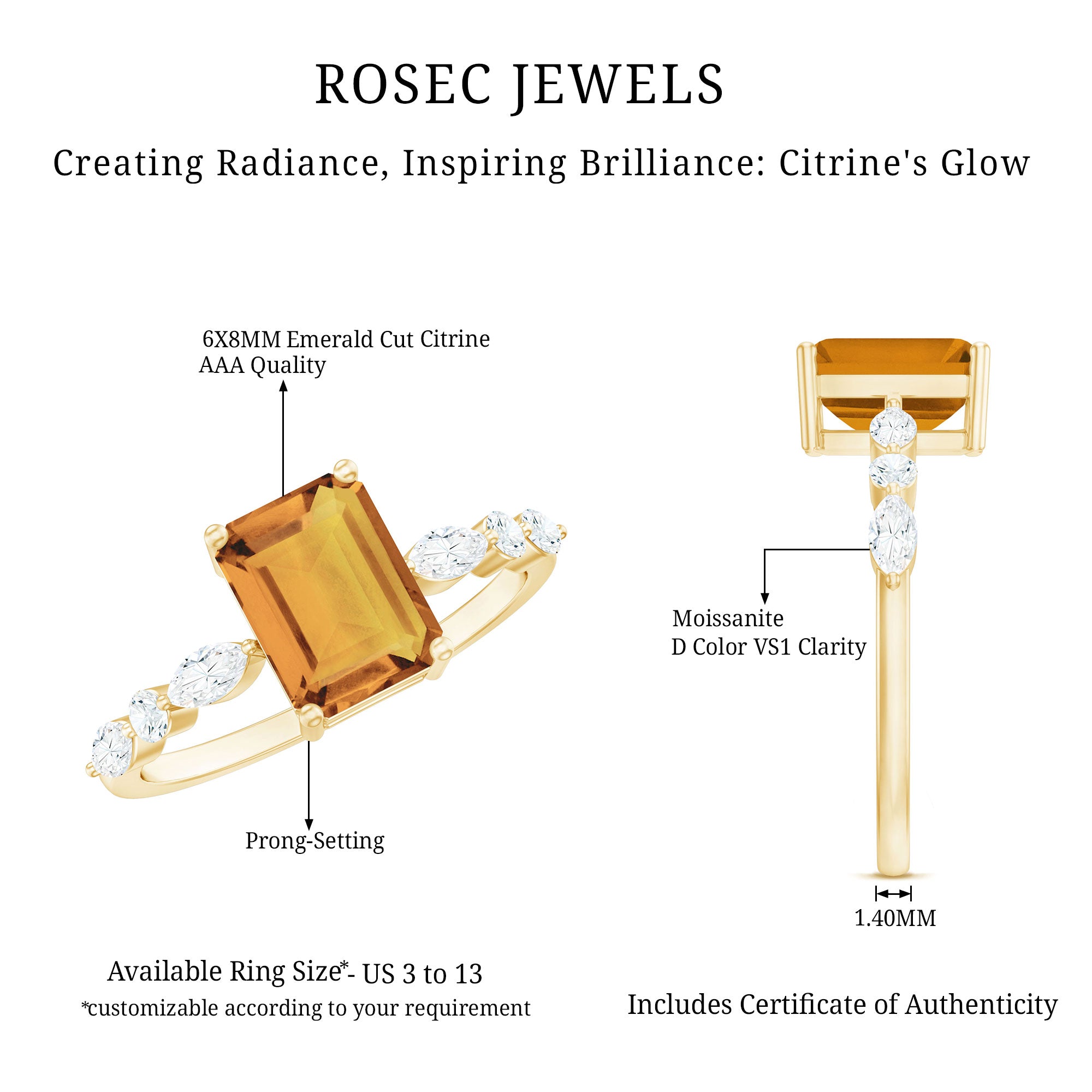 Certified Real Citrine Emerald Cut Engagement Ring with Diamond AAA - Rosec Jewels
