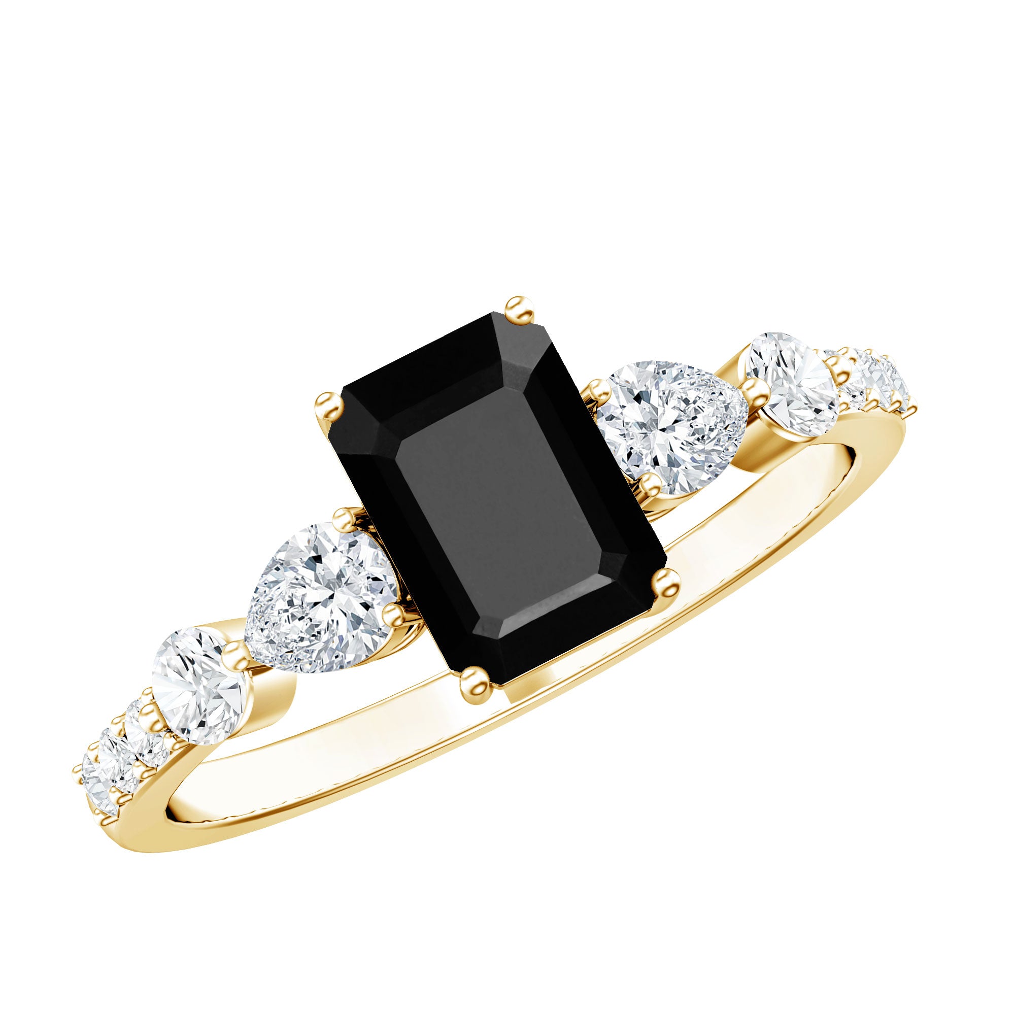 Certified 1.6 Carat Lab Grown Black Diamond Emerald Cut Engagement Ring with Side Stones AAAA ( Synthetic ) - Rosec Jewels