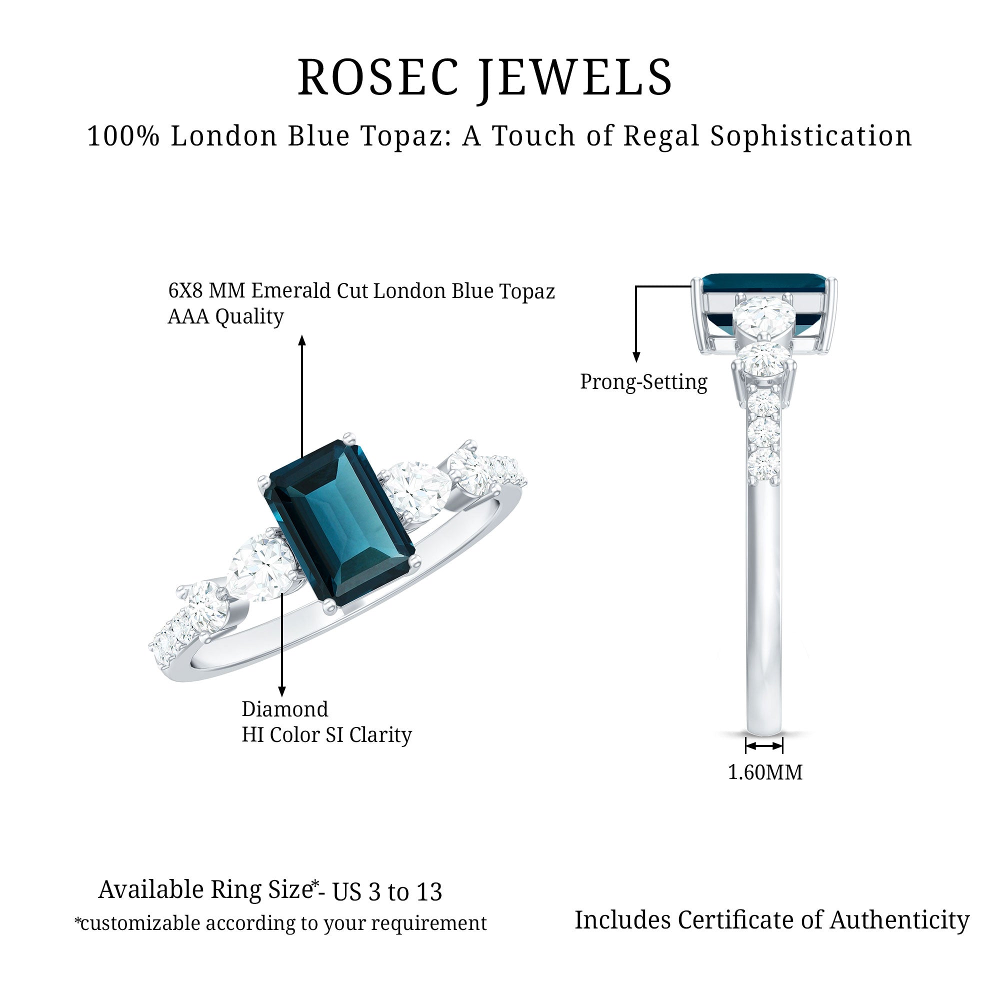 Genuine 6X8mm Emerald Cut London Blue Topaz Engagement Ring with Diamond AAA - Rosec Jewels