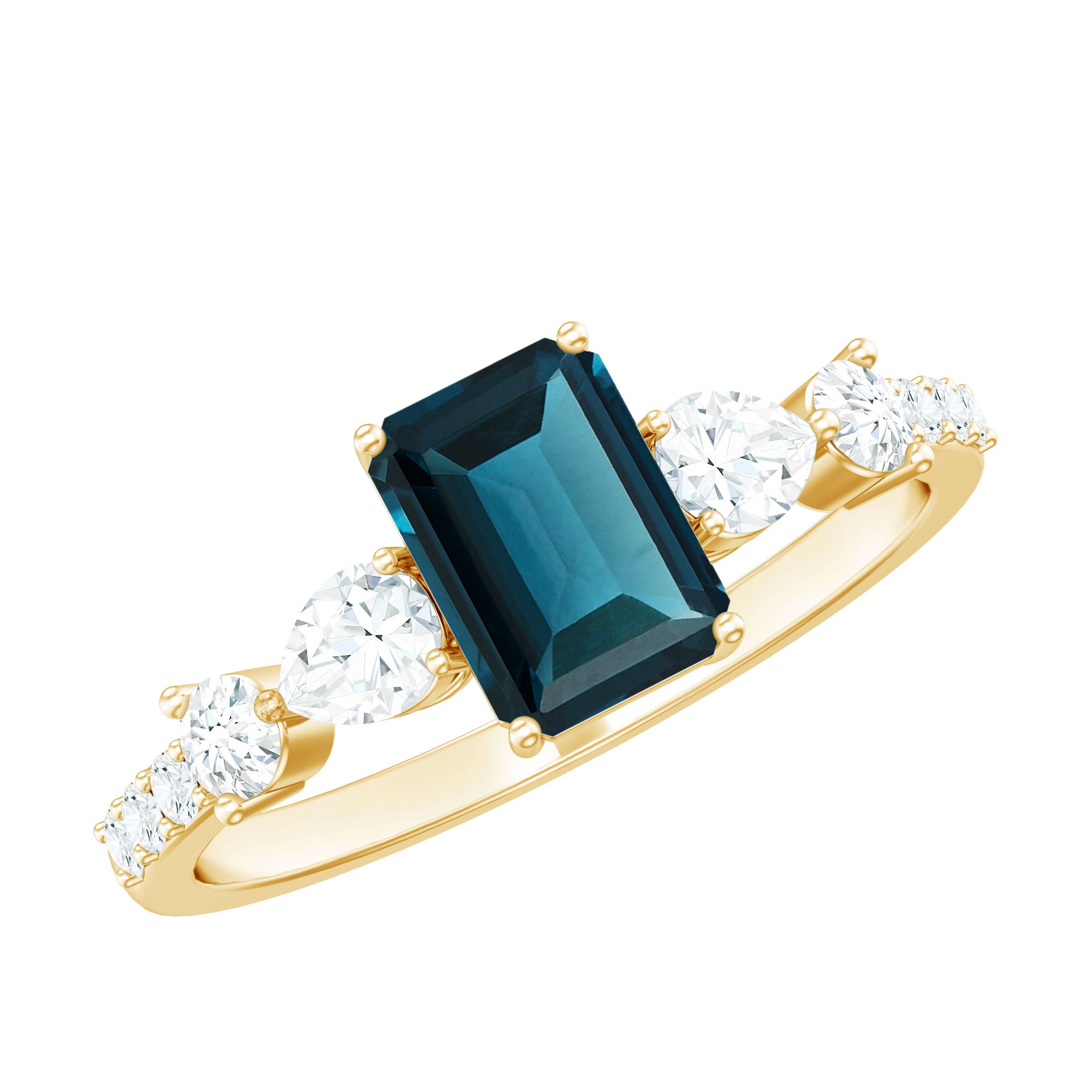 Genuine 6X8mm Emerald Cut London Blue Topaz Engagement Ring with Diamond AAA - Rosec Jewels