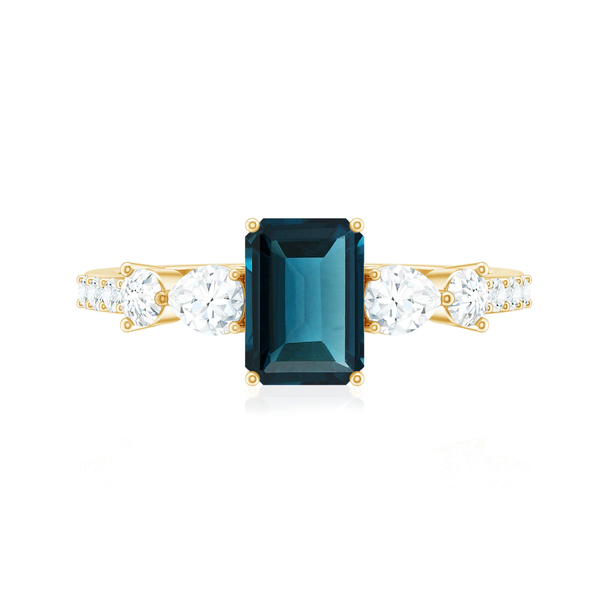 Genuine 6X8mm Emerald Cut London Blue Topaz Engagement Ring with Diamond AAA - Rosec Jewels