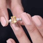 Rosec Jewels-Genuine 6X8mm Citrine Emerald Cut Engagement Ring with Moissanite Side Stones