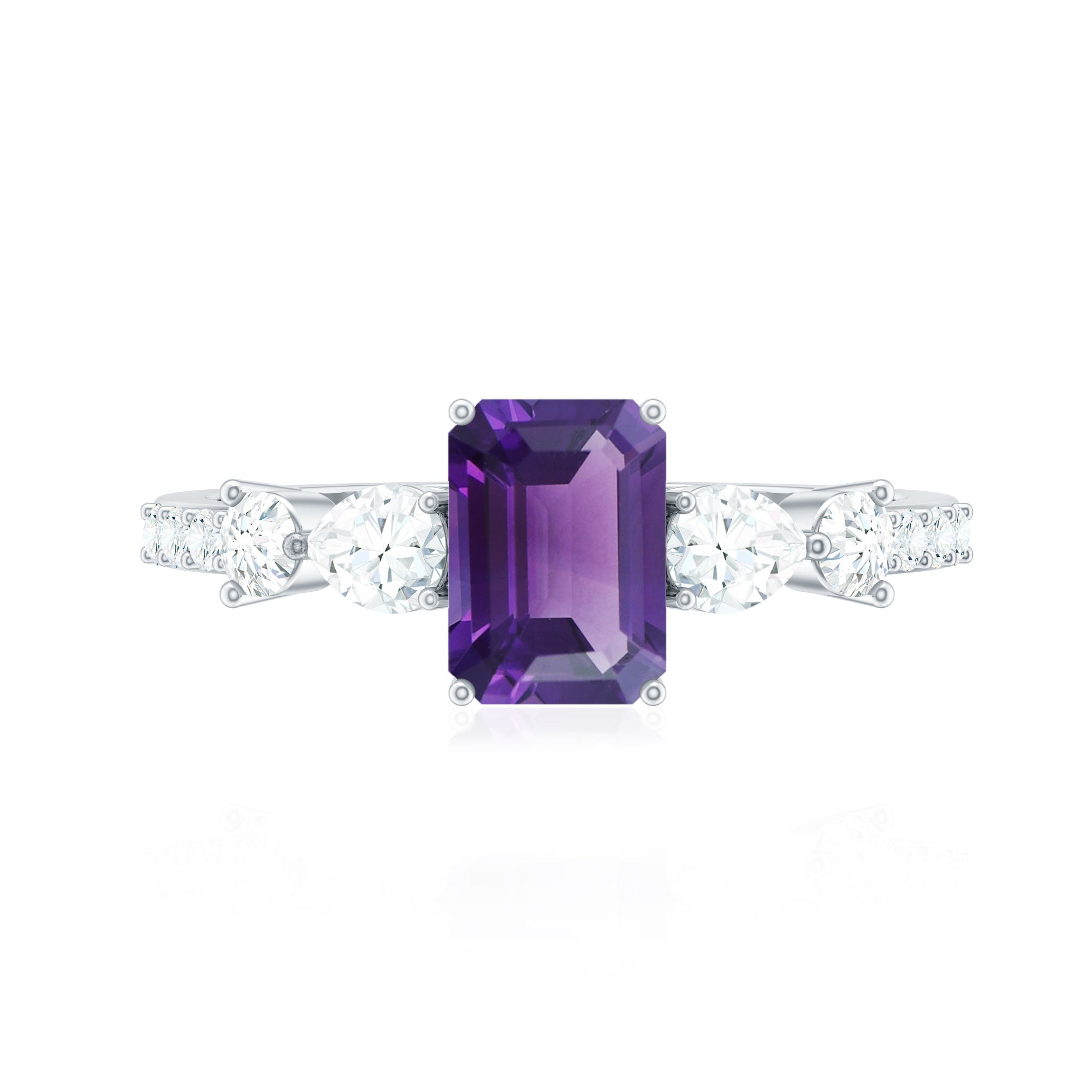 Real 1.4 Carat Emerald Cut Amethyst Engagement Ring with Moissanite AAA - Rosec Jewels