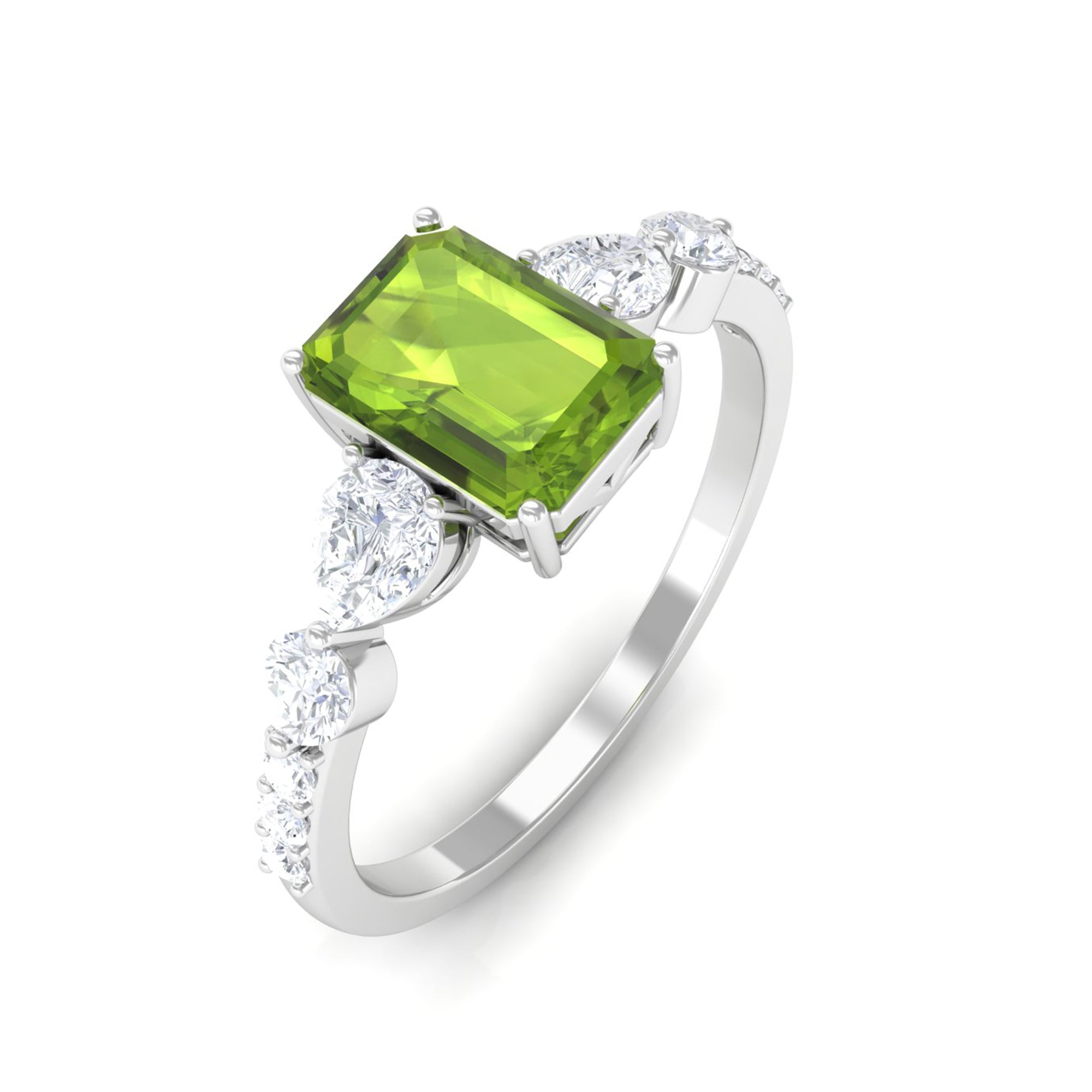 Classic Peridot Solitaire Ring with Moissanite Side Stones in Gold Peridot - ( AAA ) - Quality - Rosec Jewels