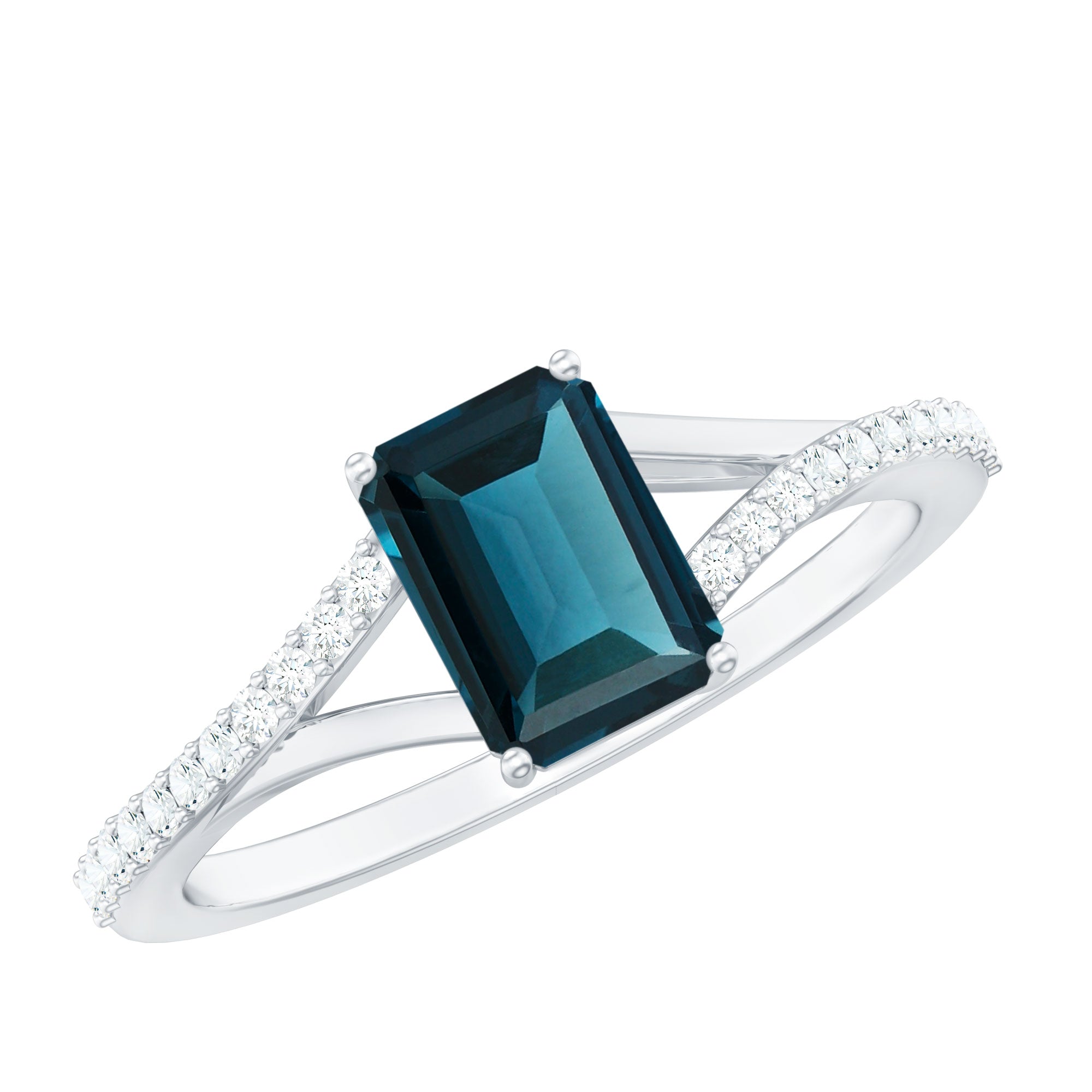 6X8mm Emerald Cut London Blue Topaz Split Shank Engagement Ring with Diamond AAA - Rosec Jewels