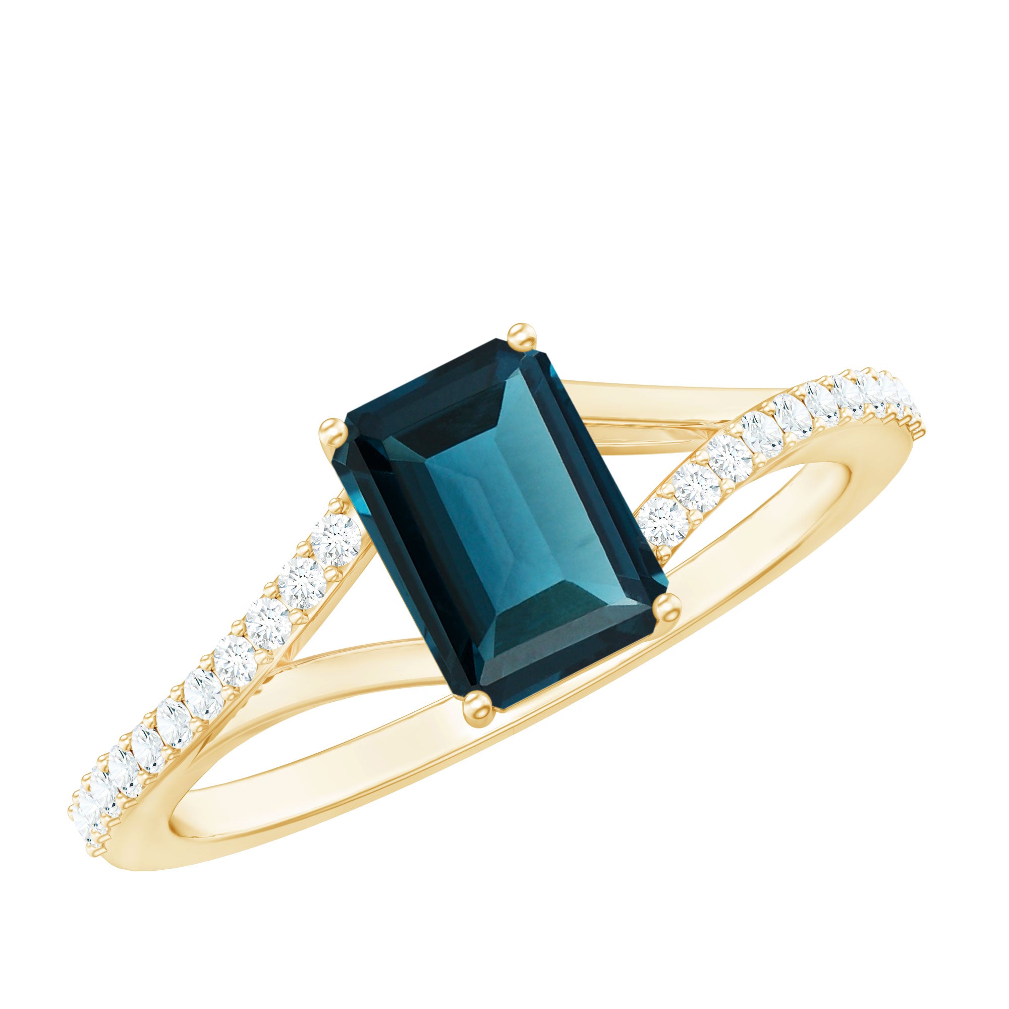 6X8mm Emerald Cut London Blue Topaz Split Shank Engagement Ring with Diamond AAA - Rosec Jewels