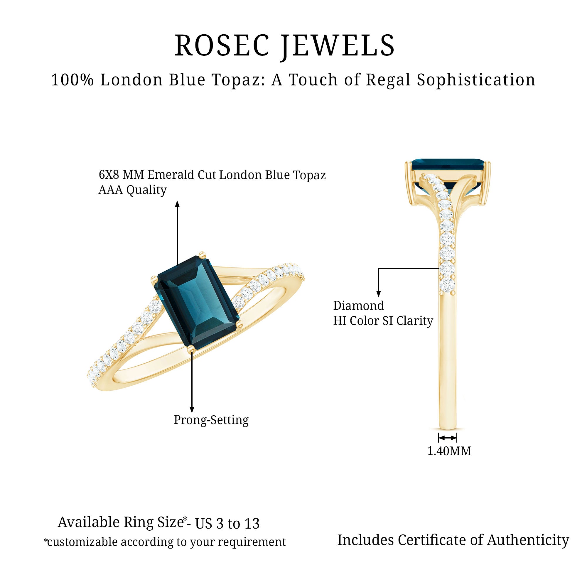 6X8mm Emerald Cut London Blue Topaz Split Shank Engagement Ring with Diamond AAA - Rosec Jewels