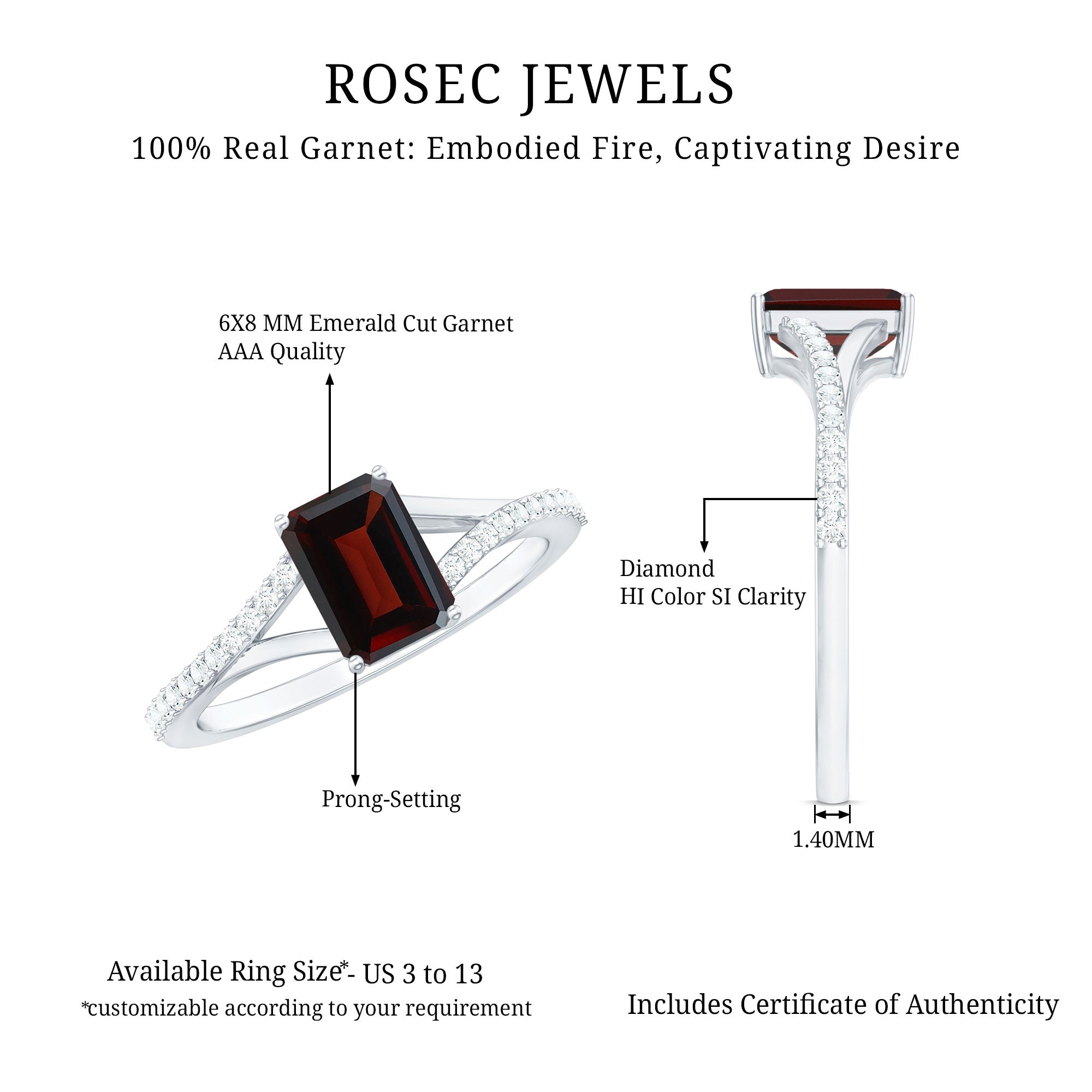 Certified Natural Garnet Emerald Cut Engagement Ring with Diamond Split Shank AAA - Rosec Jewels