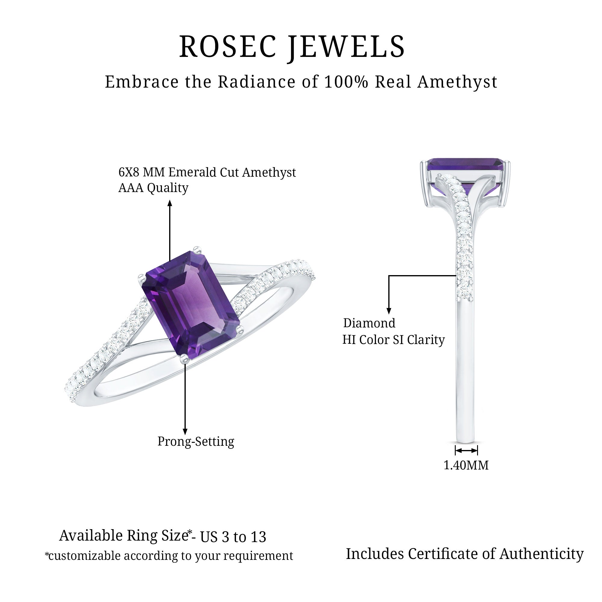 1.4 Carat Amethyst Emerald Cut Engagement Ring with Diamond Split Shank AAA - Rosec Jewels
