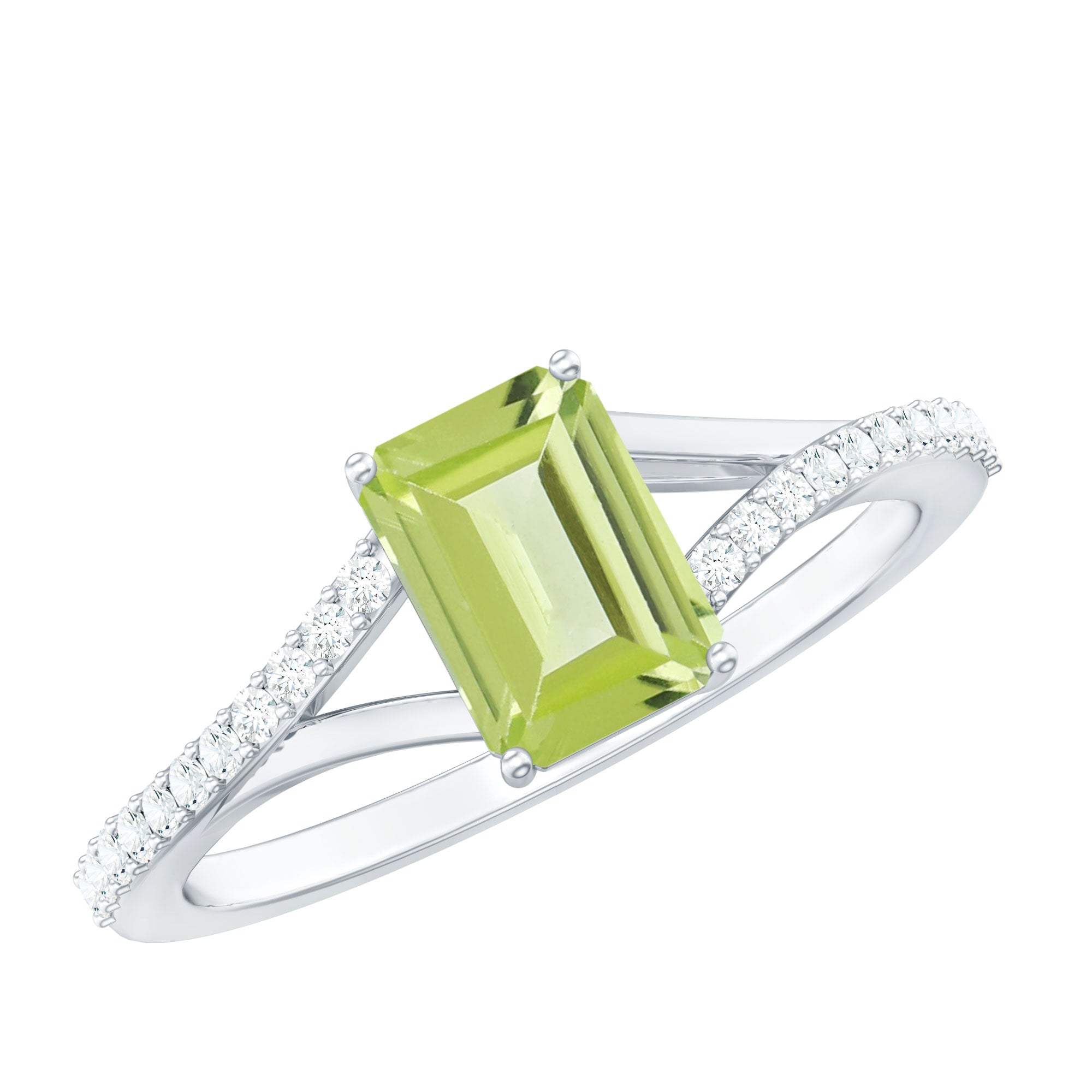 1.8 Carat Peridot Emerald Cut Engagement Ring with Diamond Split Shank AAA - Rosec Jewels