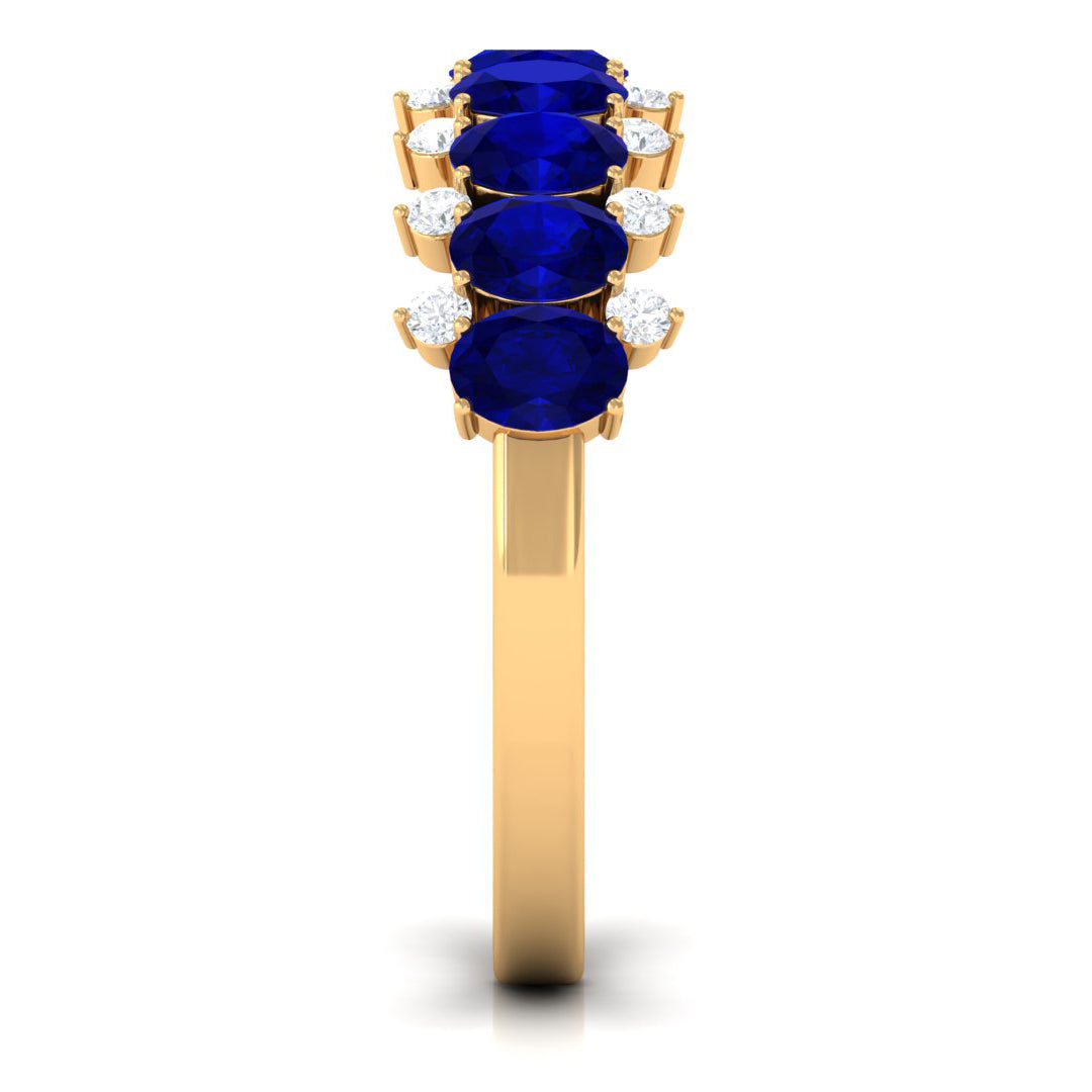 Natural Oval Blue Sapphire Half Eternity Band with Diamond AAA - Rosec Jewels