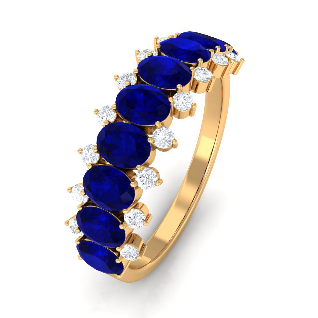 Natural Oval Blue Sapphire Half Eternity Band with Diamond AAA - Rosec Jewels