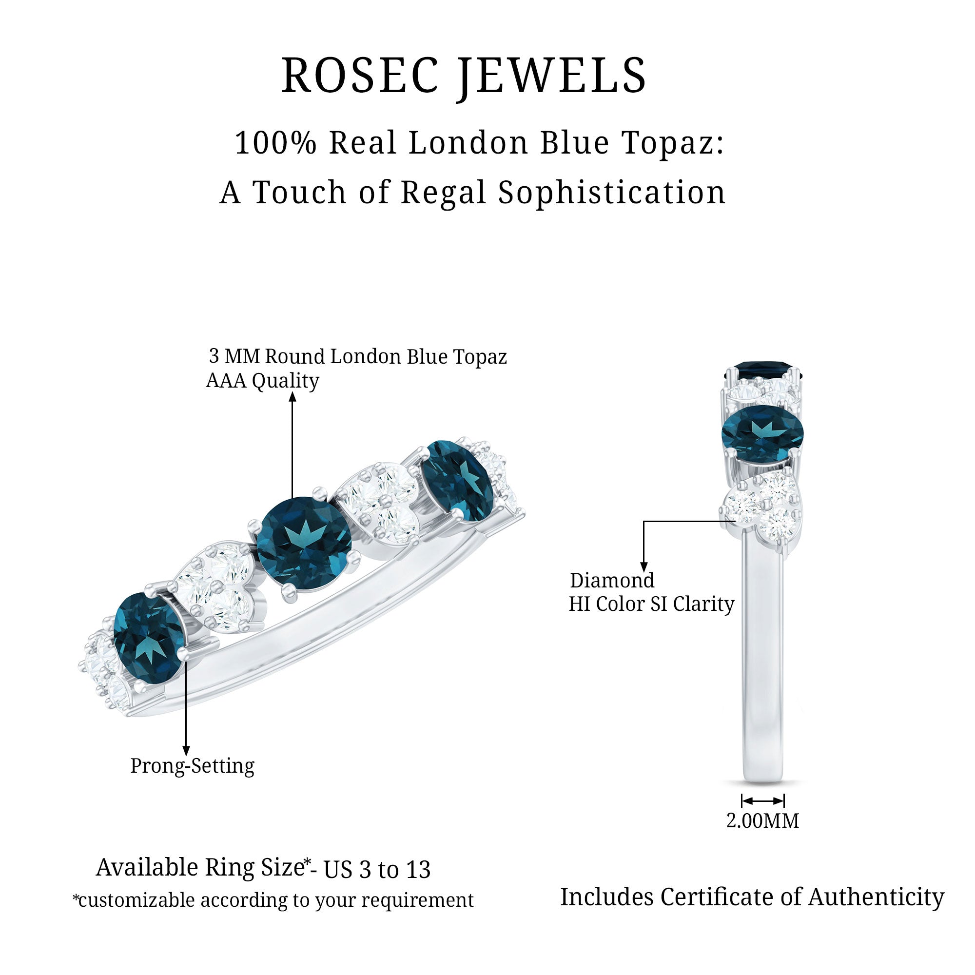 Natural London Blue Topaz Semi Eternity Ring with Diamond AAA - Rosec Jewels