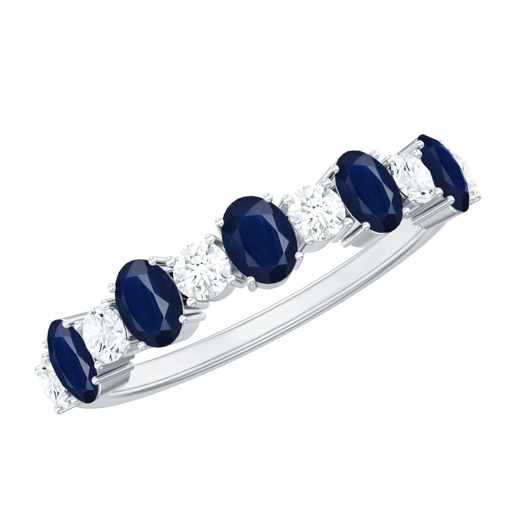 Natural Oval Blue Sapphire Diamond Half Eternity Ring for Women AAA - Rosec Jewels