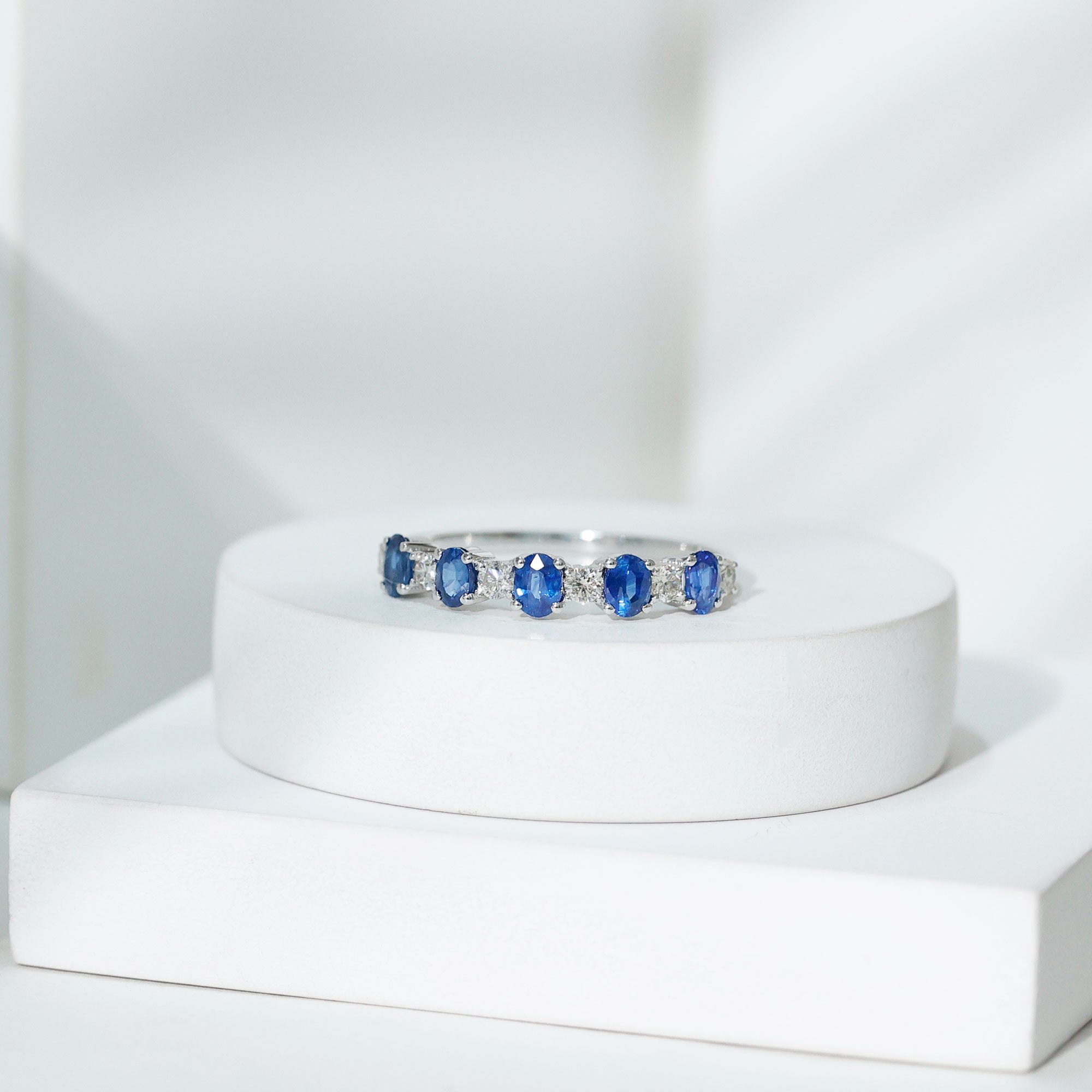 Natural Oval Blue Sapphire Diamond Half Eternity Ring for Women AAA - Rosec Jewels