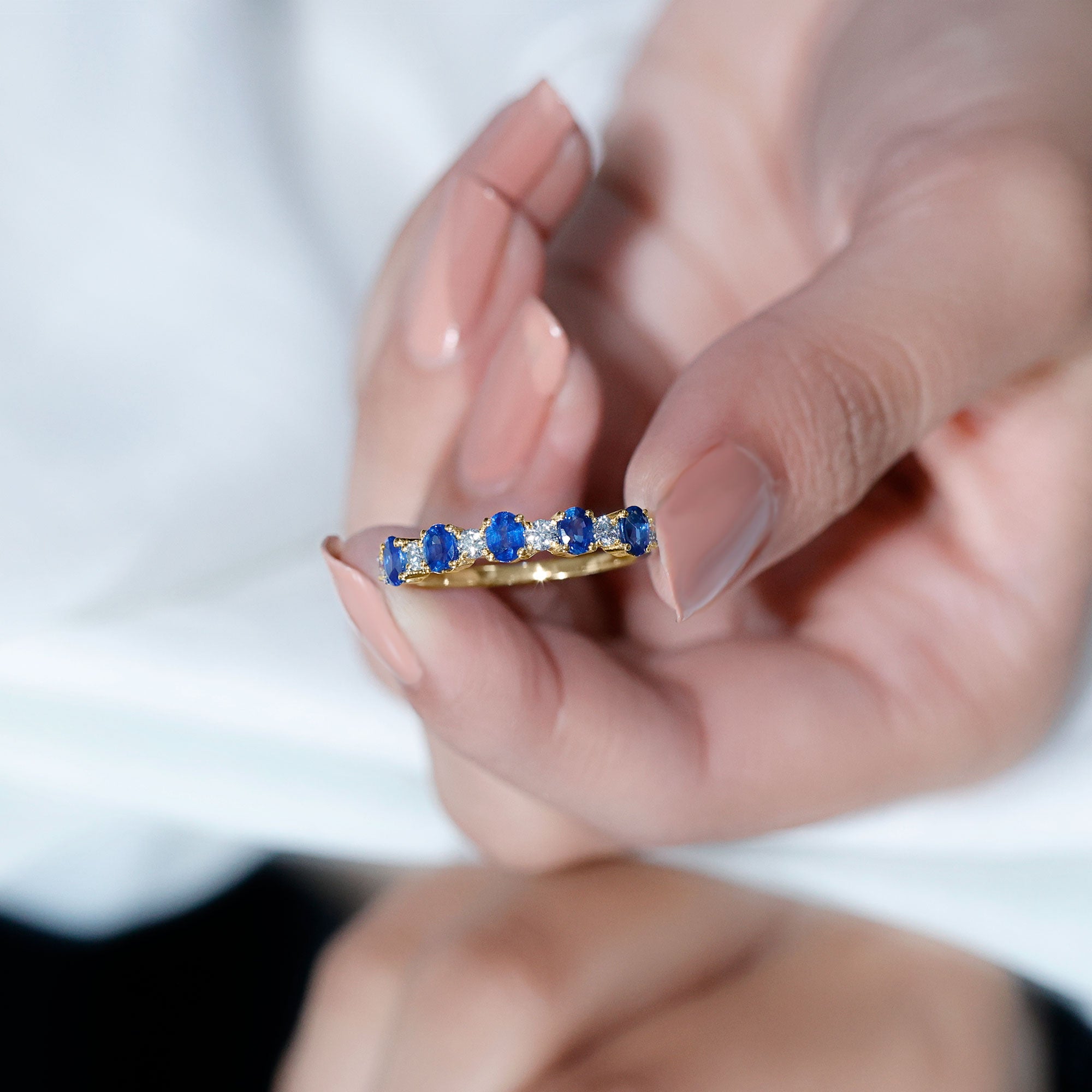 Natural Oval Blue Sapphire Diamond Half Eternity Ring for Women AAA - Rosec Jewels