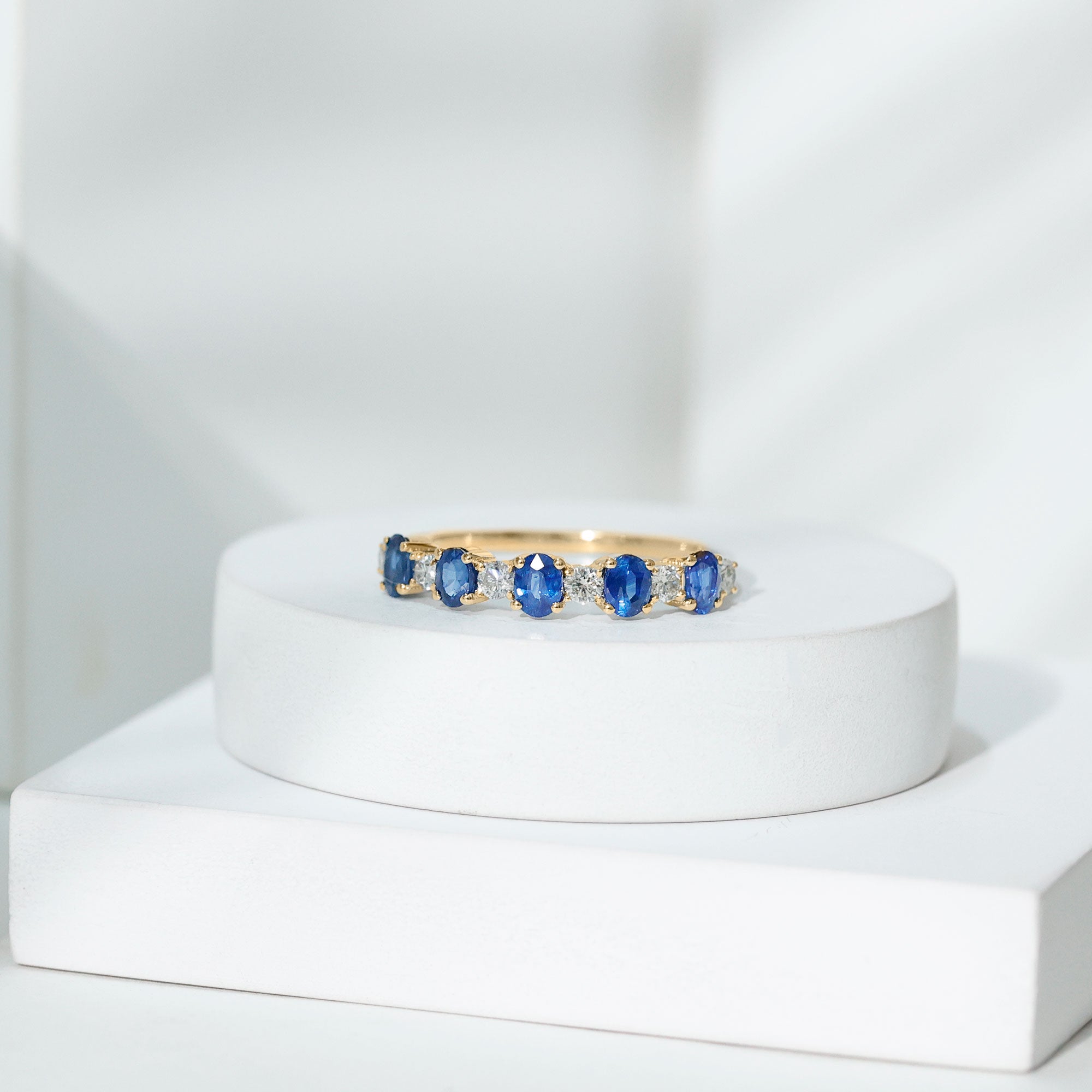 Natural Oval Blue Sapphire Diamond Half Eternity Ring for Women AAA - Rosec Jewels