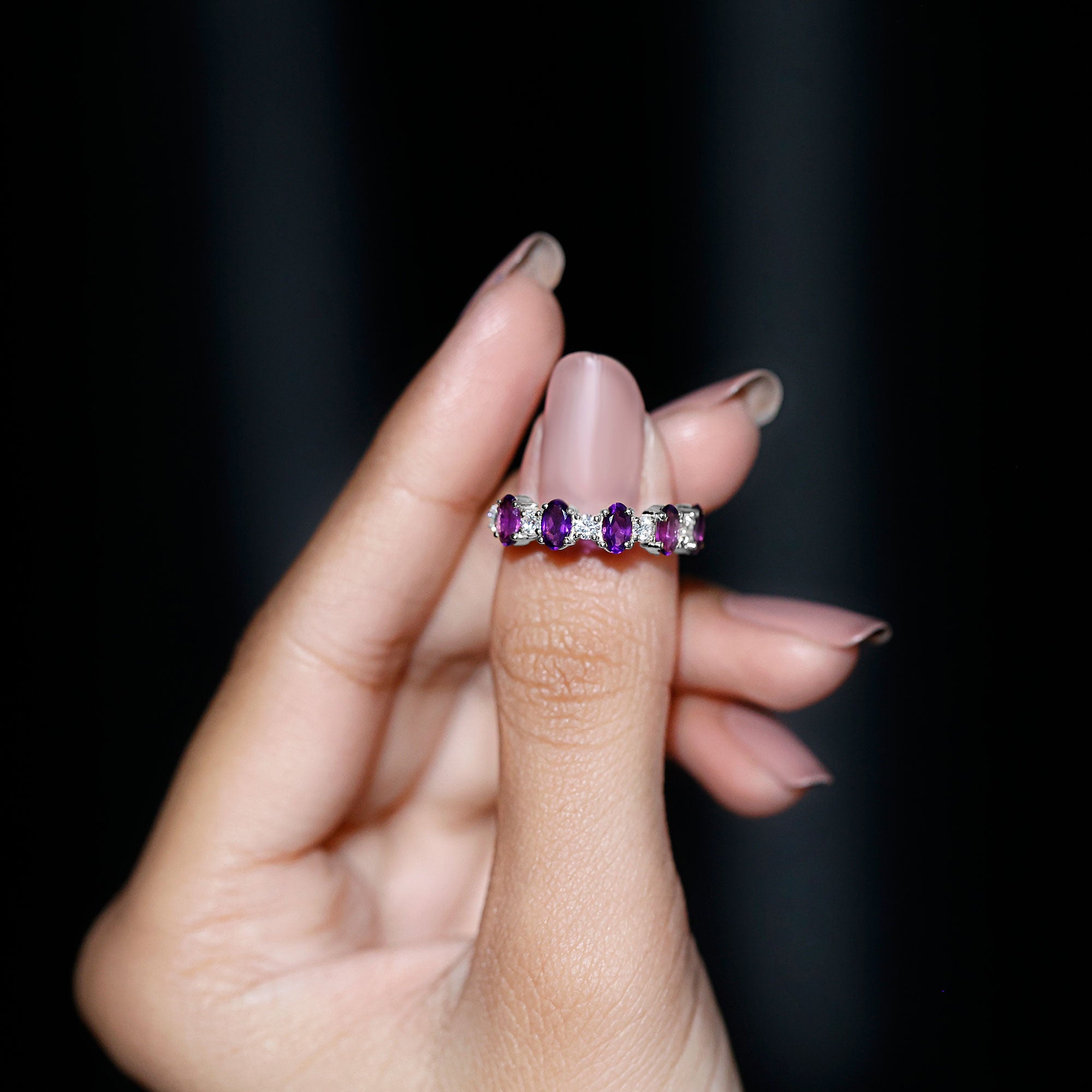 Natural Oval Amethyst Diamond Half Eternity Ring for Women AAA - Rosec Jewels