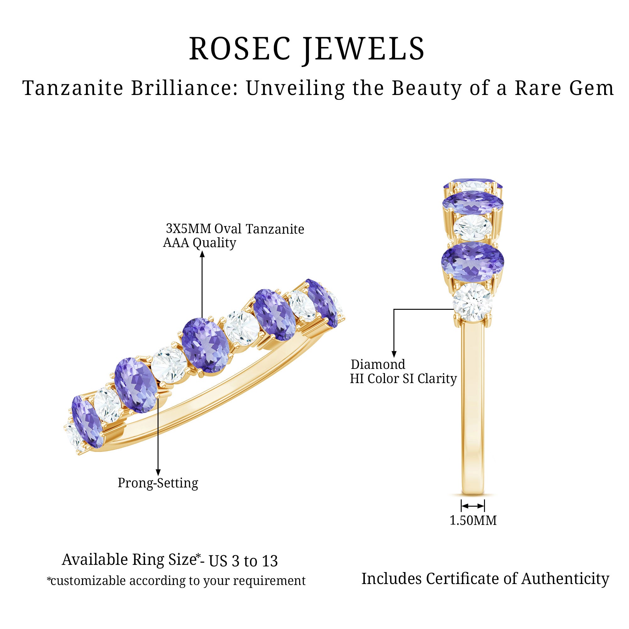 Rosec Jewels-Natural Tanzanite Half Eternity Ring with Diamond