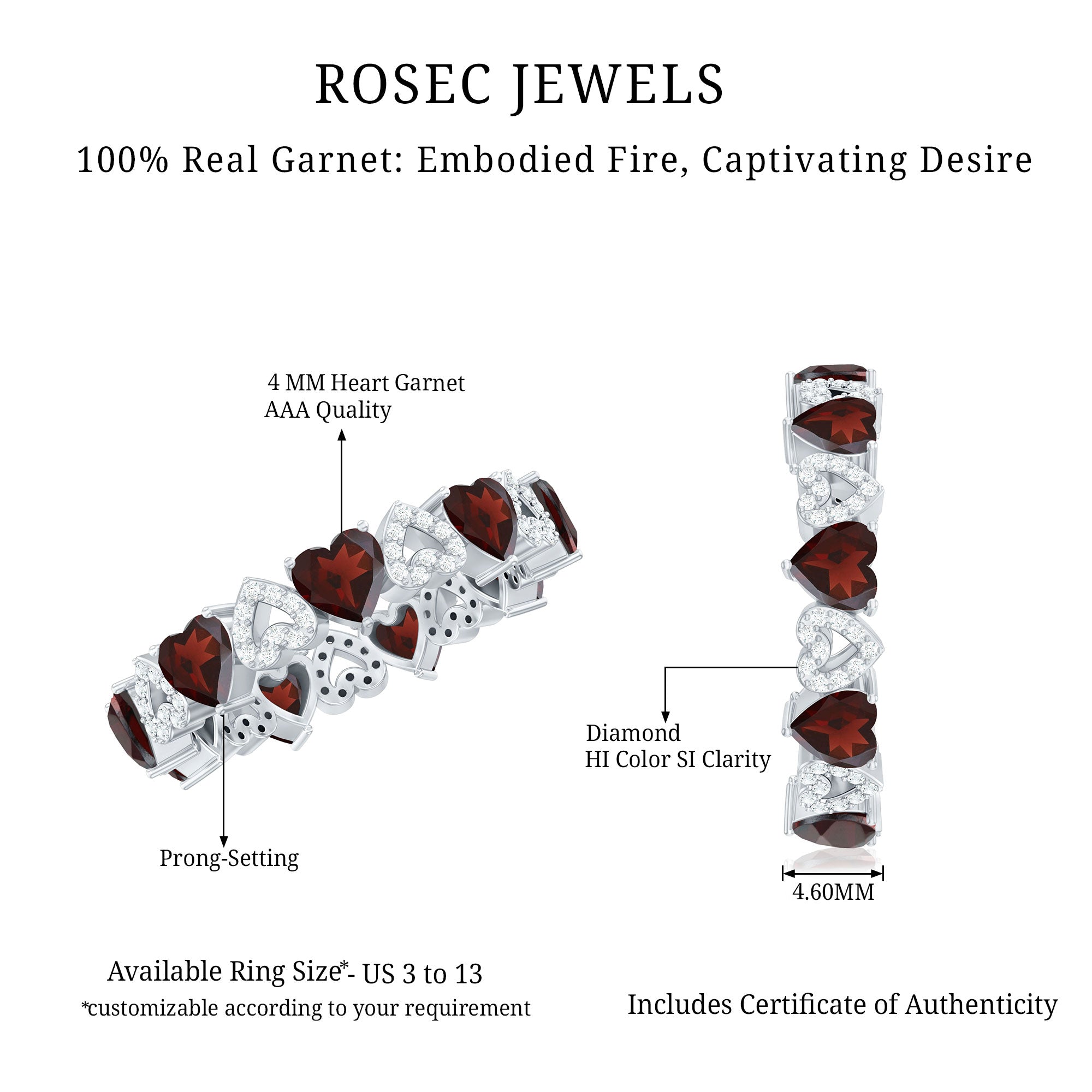 Natural Garnet Diamond Heart Eternity Ring for Anniversary AAA - Rosec Jewels