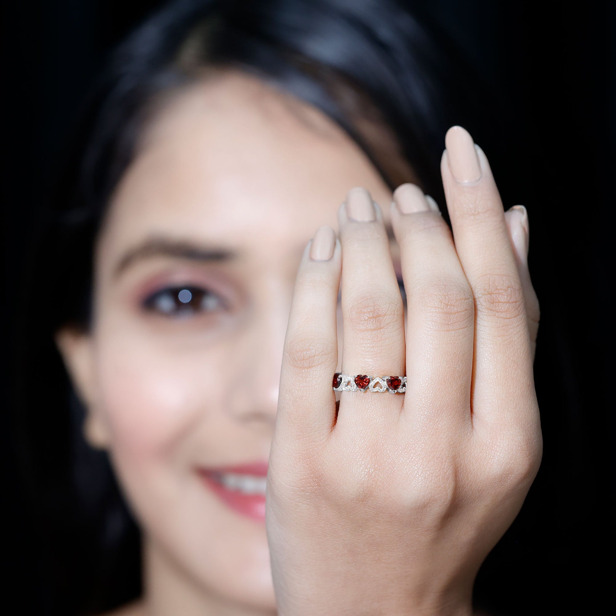 Natural Garnet Diamond Heart Eternity Ring for Anniversary AAA - Rosec Jewels