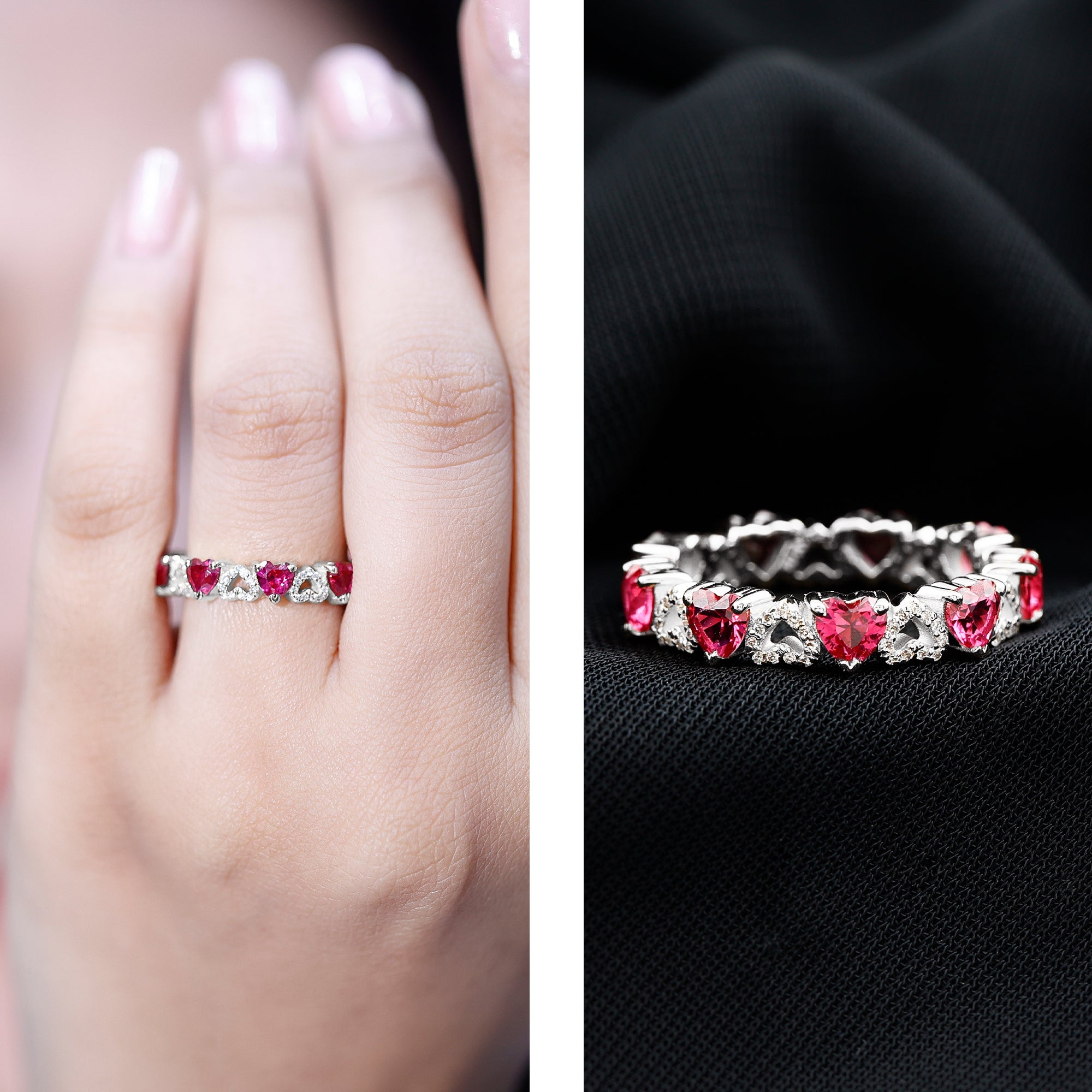 Lab-Created Ruby and Diamond Heart Eternity Band Ring AAAA - Rosec Jewels