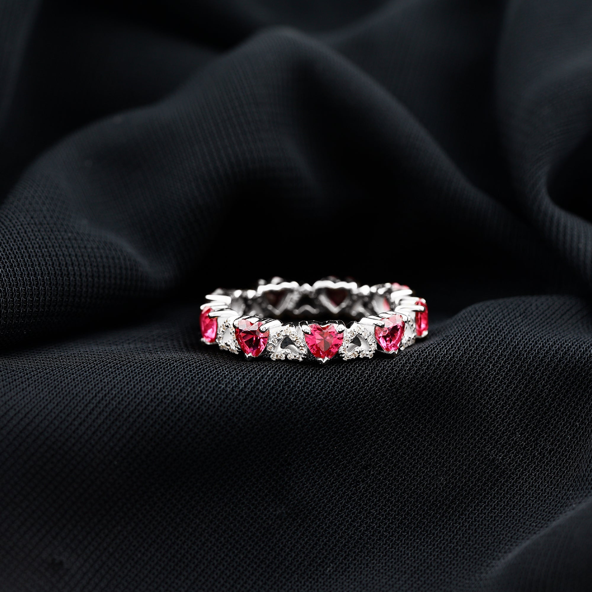 Lab-Created Ruby and Diamond Heart Eternity Band Ring AAAA - Rosec Jewels