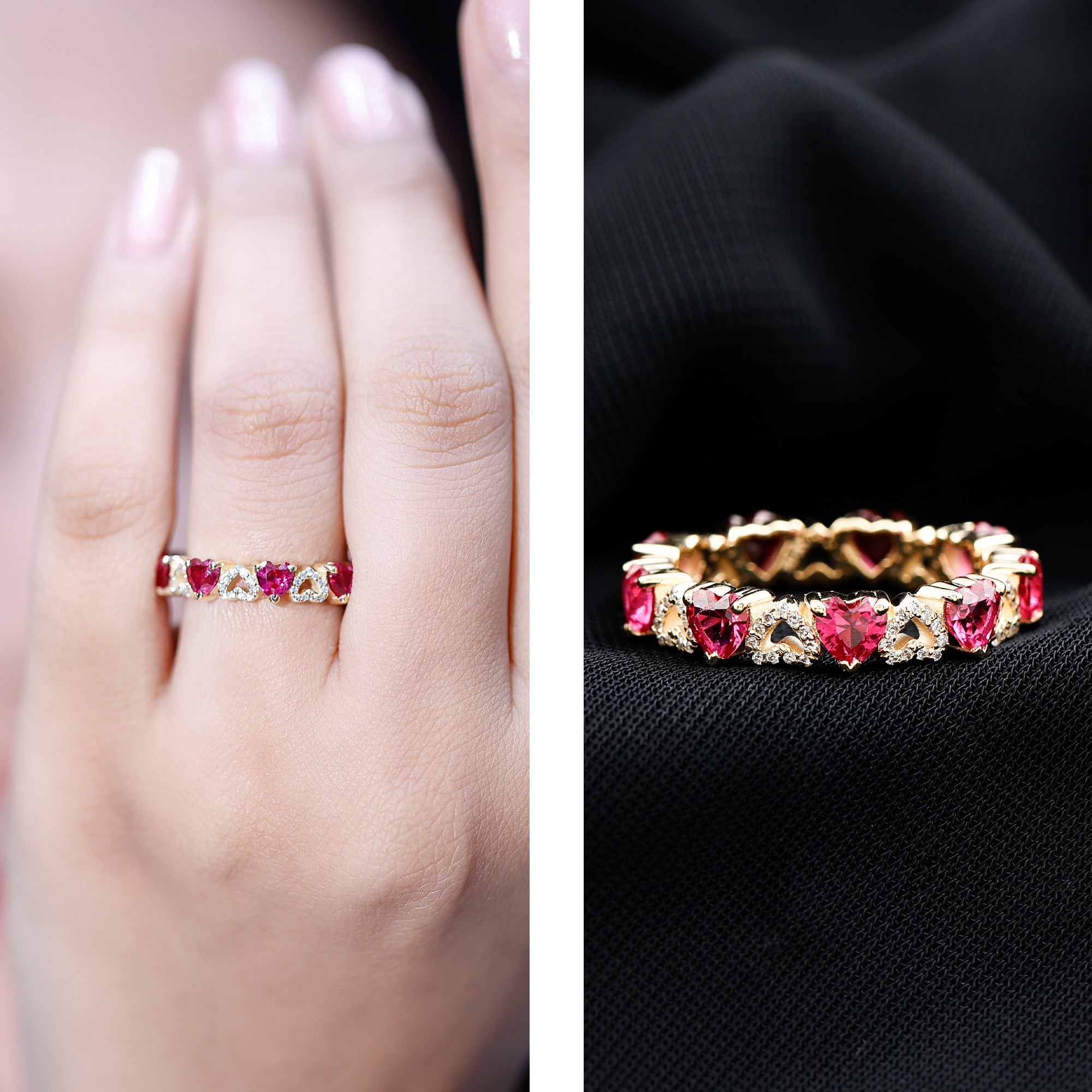 Lab-Created Ruby and Diamond Heart Eternity Band Ring AAAA - Rosec Jewels