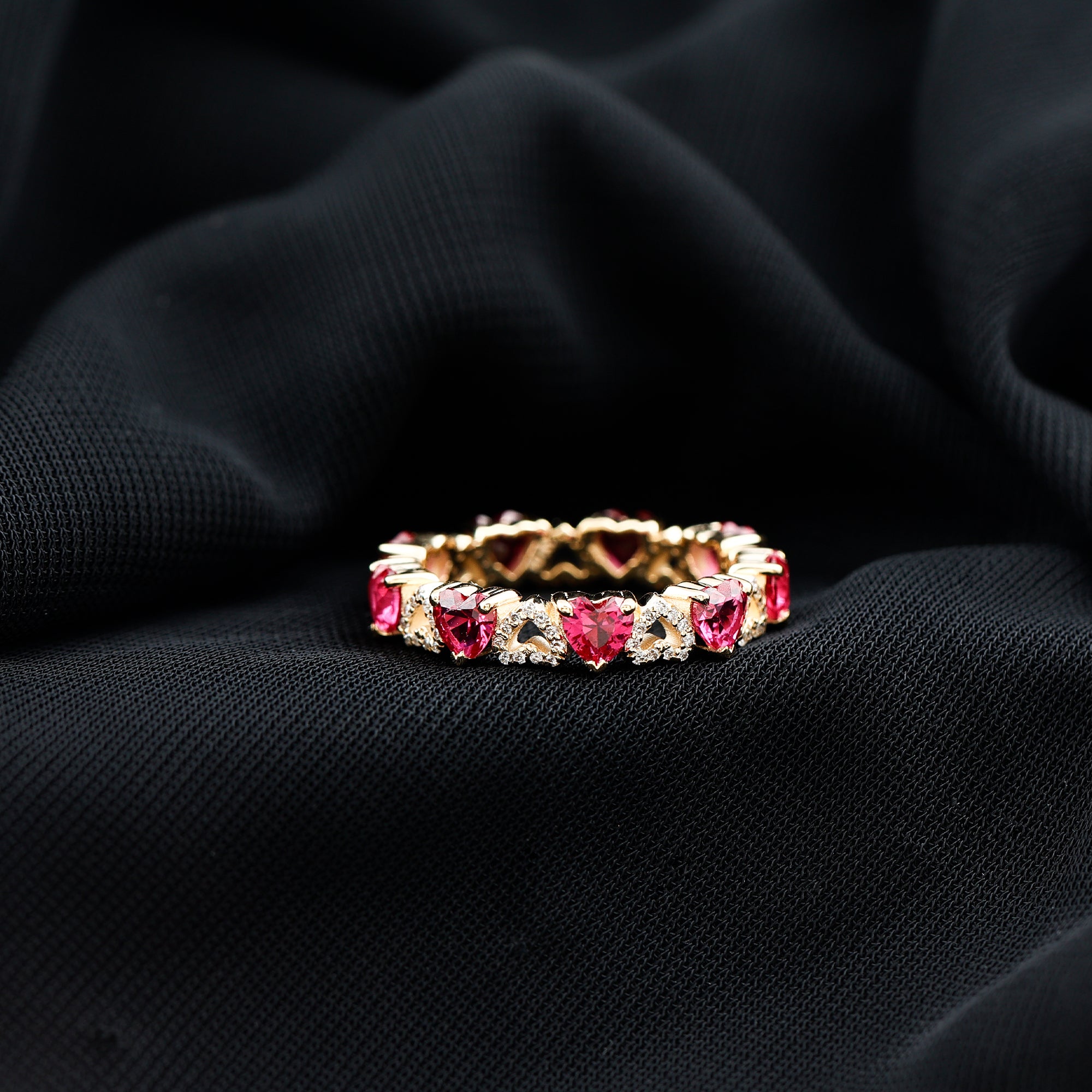 Lab-Created Ruby and Diamond Heart Eternity Band Ring AAAA - Rosec Jewels