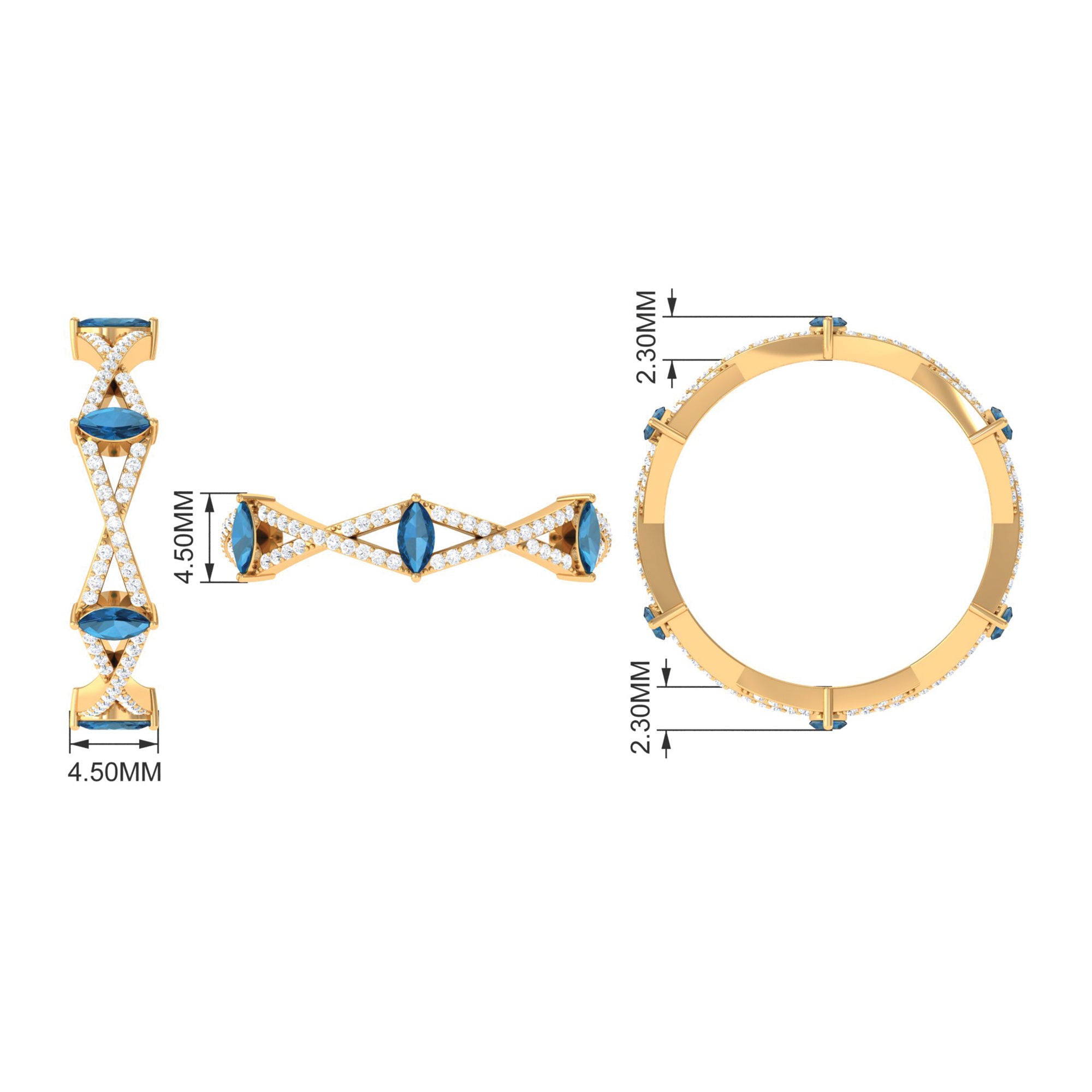 Marquise London Blue Topaz Crossover Eternity Band with Diamond AAA - Rosec Jewels