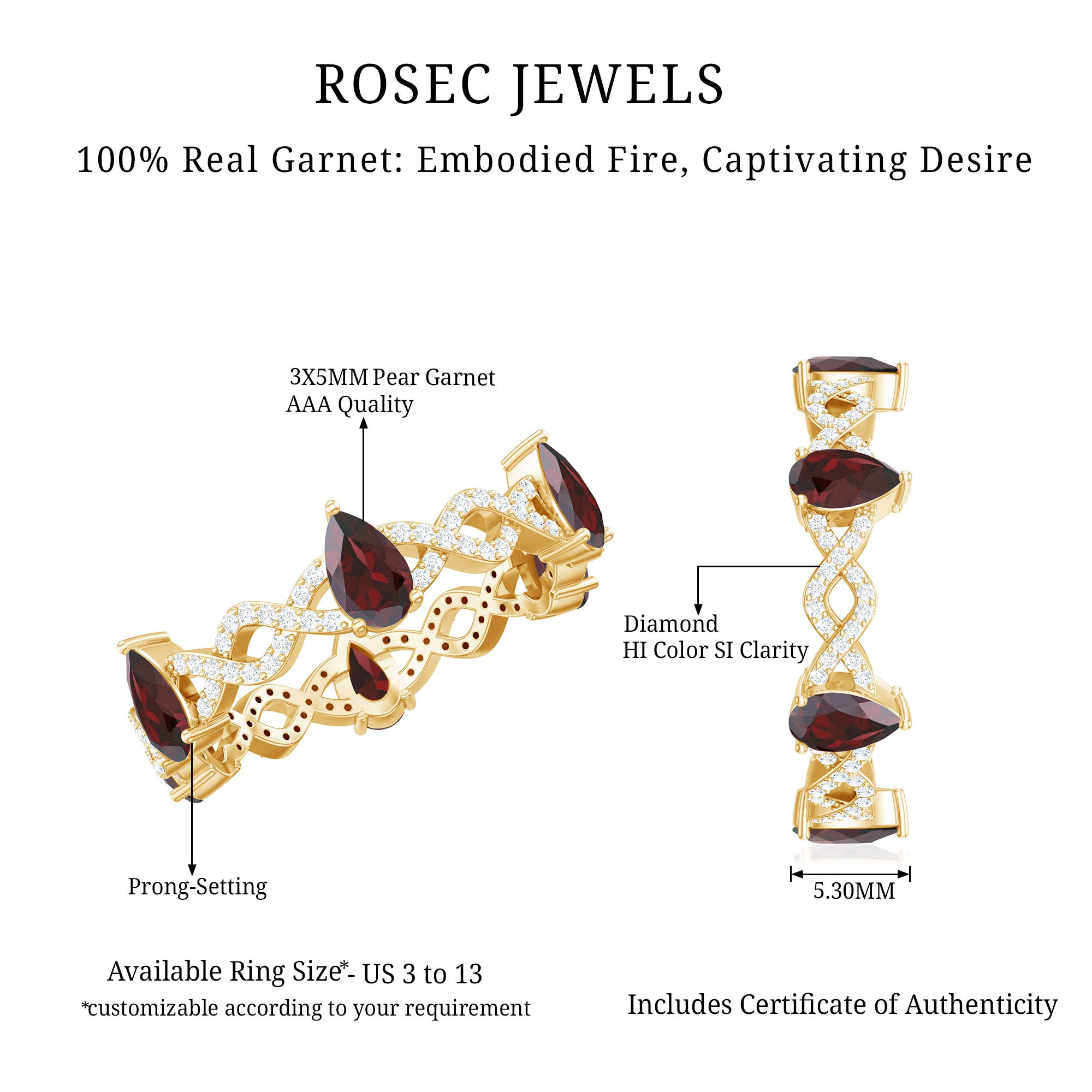 Natural Pear Shape Garnet Diamond Eternity Ring with Crossover Shank AAA - Rosec Jewels