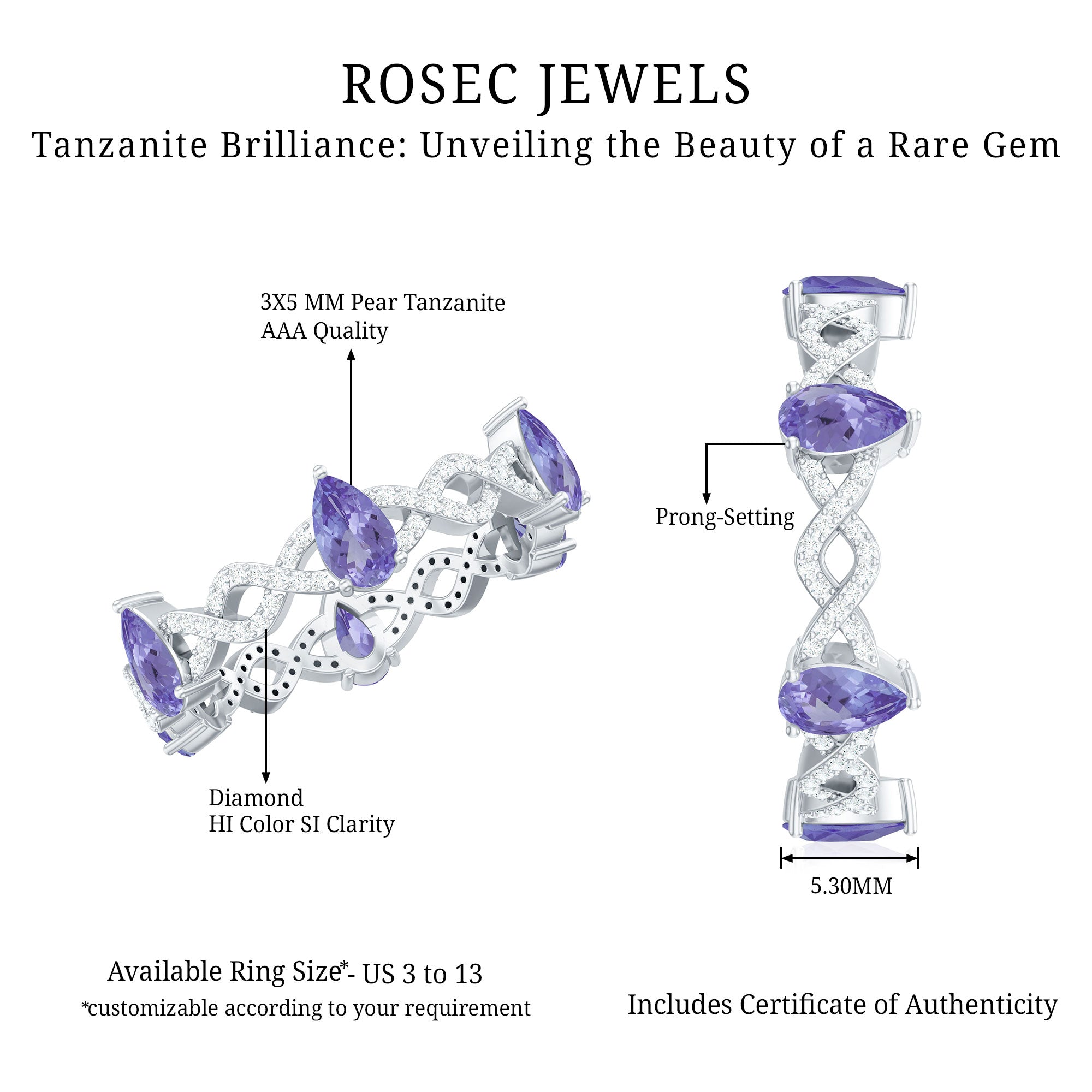 Rosec Jewels-Natural Pear Shape Tanzanite Diamond Eternity Ring with Crossover Shank