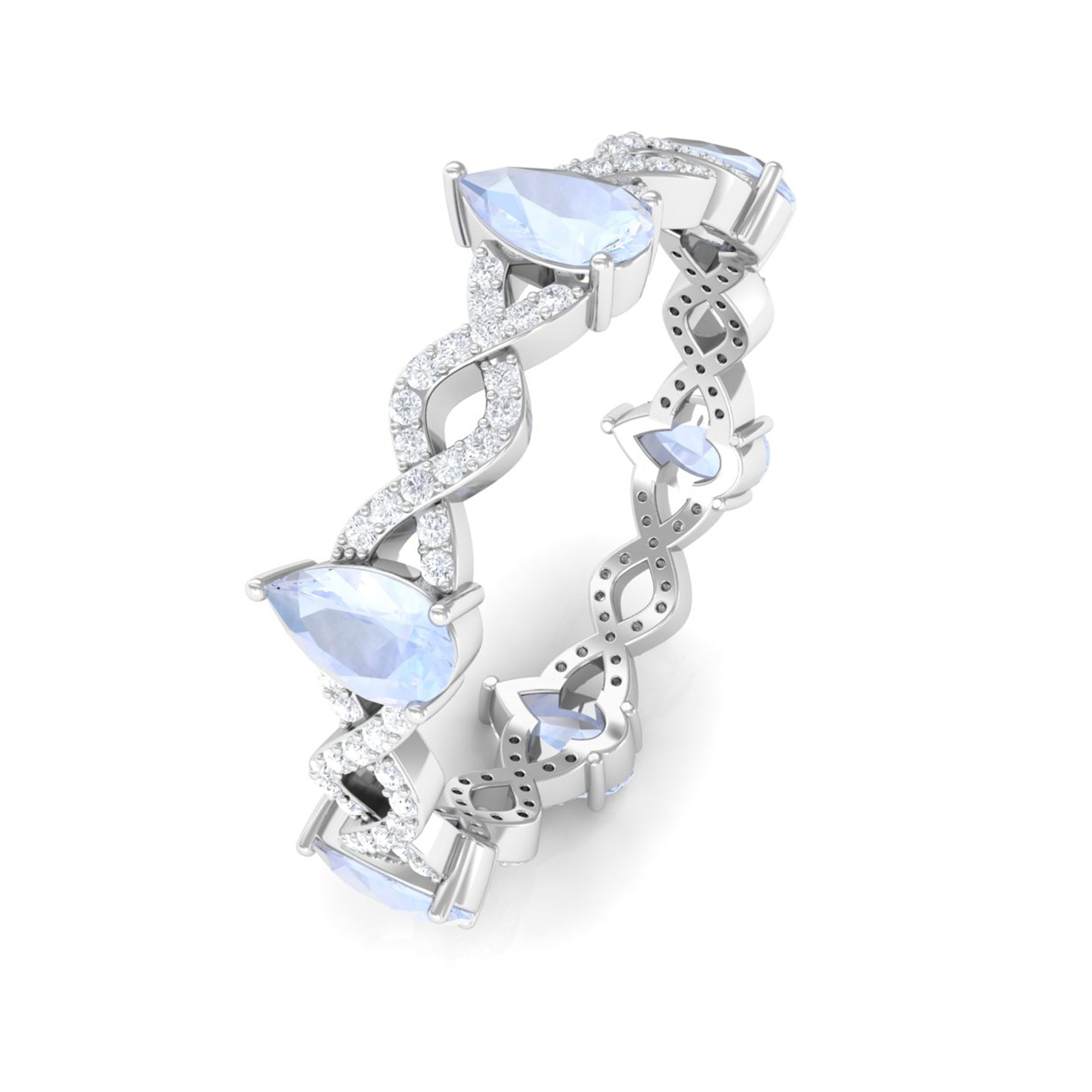 Pear Cut Moonstone and Diamond Crossover Eternity Ring AAA - Rosec Jewels